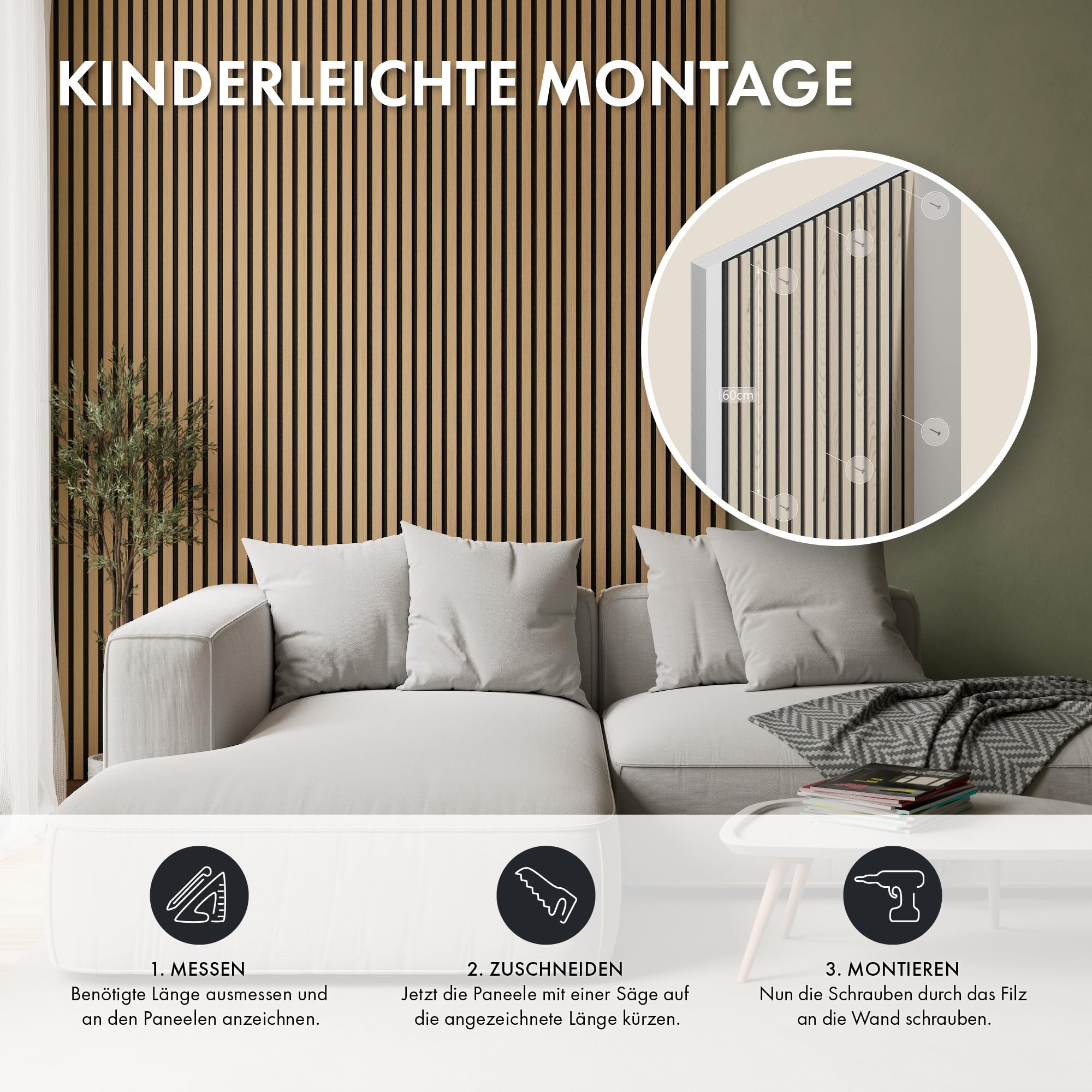Momento Akustikpaneele Holz 240x50 cm - Made in Germany - Eiche Geölt Dekor - Wandverkleidung Wandpaneele Holz Eiche als 3D Lamellenwand für effektiven Schallschutz - Akustik Holzpaneele Wand