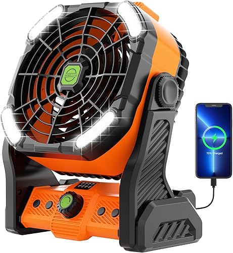 Ventilador de camping con linterna LED, ventilador portátil recargable con batería para ventiladores de campamento al aire libre, ventilador de