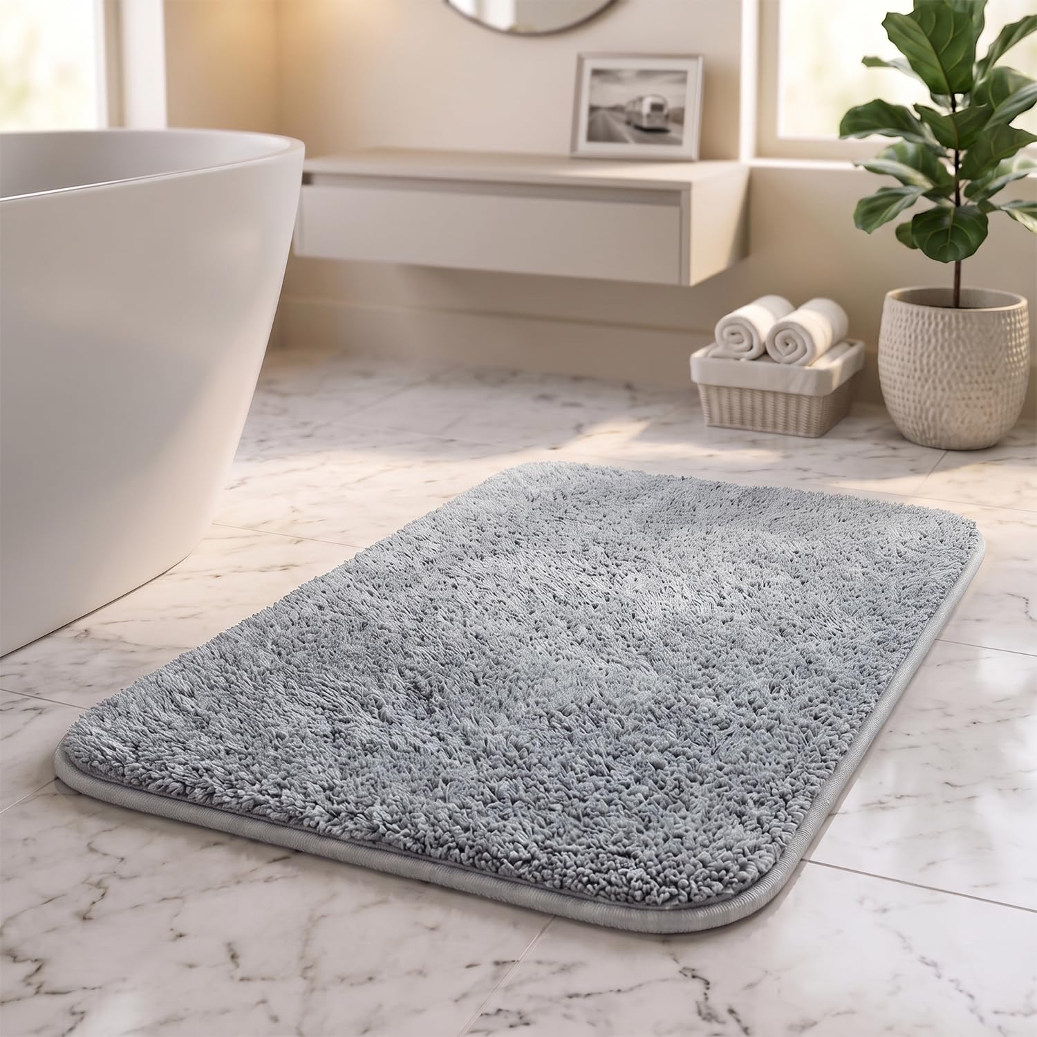 Earthy Fables Soft Microfiber Bath Mat - Cut Pile, Quick Dry, Anti-Skid, Water Absorbent, Non-Slip, Machine Washable Floor Rug, Shower Mat, Door Mat for Bathroom, Bedroom, 60x40 cm - Grey-image-46