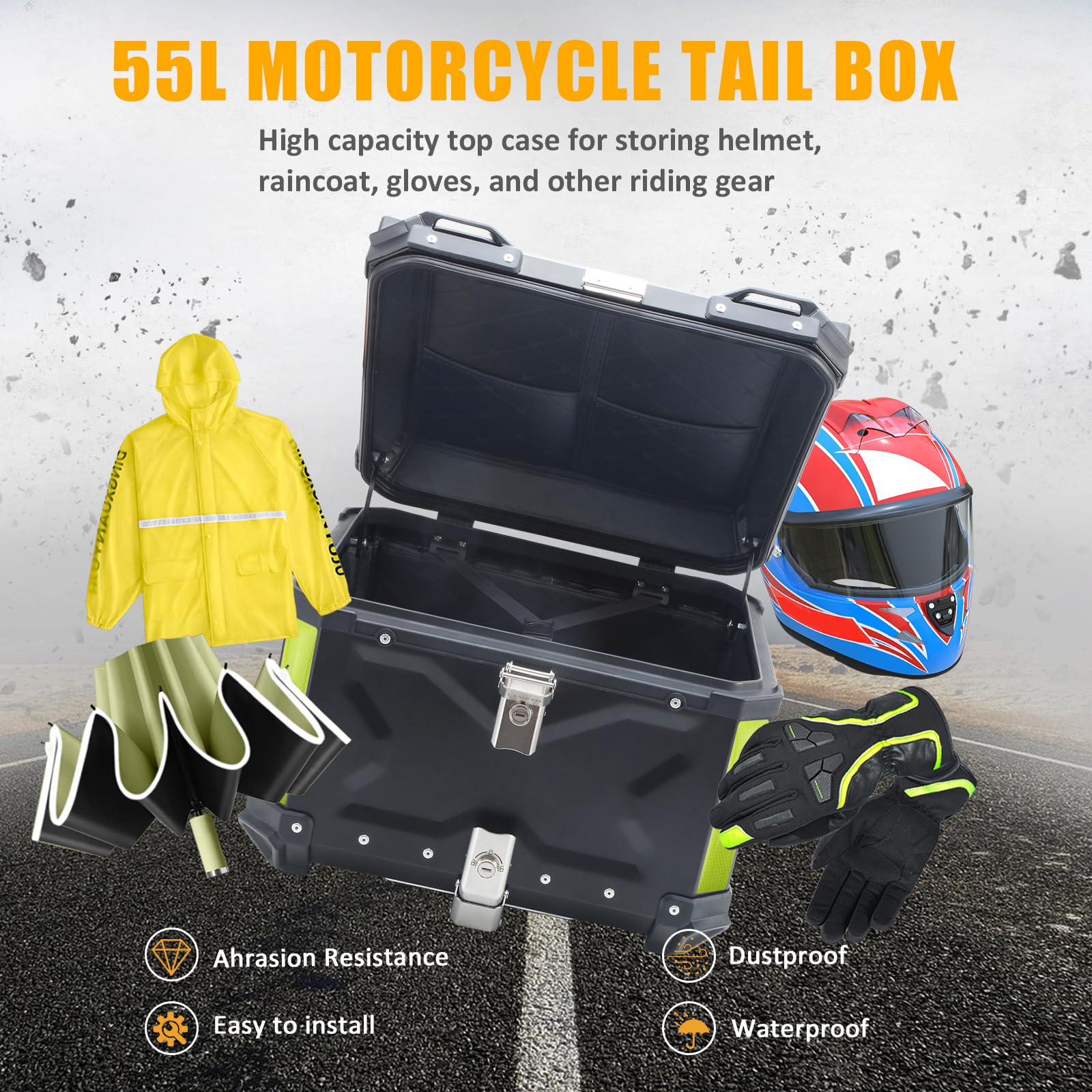 Topcase Mallette arrière universelle en alliage d'aluminium avec doublure en cuir, étui supérieur amovible imperméable pour moto avec dossier et kit de montage