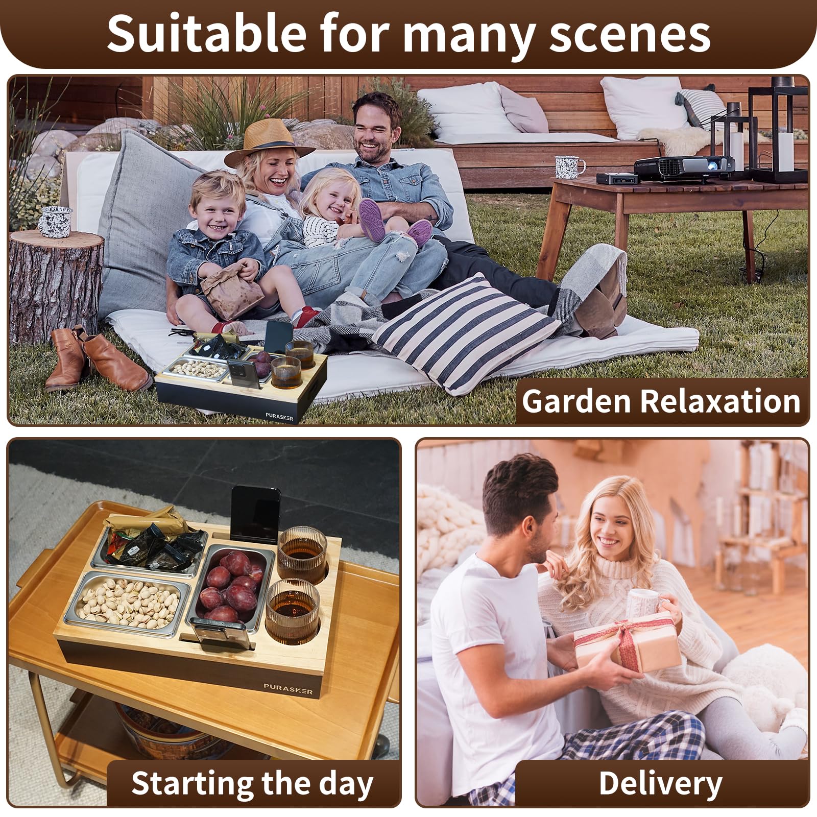 Couchbar Snackbox mit Getränkehalter, Sofatablett Snackschale mit 3 Fächern Holz Snackspender Robust und Umweltfreundlich (Packung mit 2)