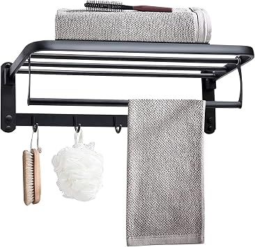 Towel Racks for Bathroom Wall Mount 24 inch, Foldable Double Towel Bar with Shelf and Hooks, SUS304 Stainless Steel Towel Rack Holder, Aluminum Alloy Matte Black 60cm