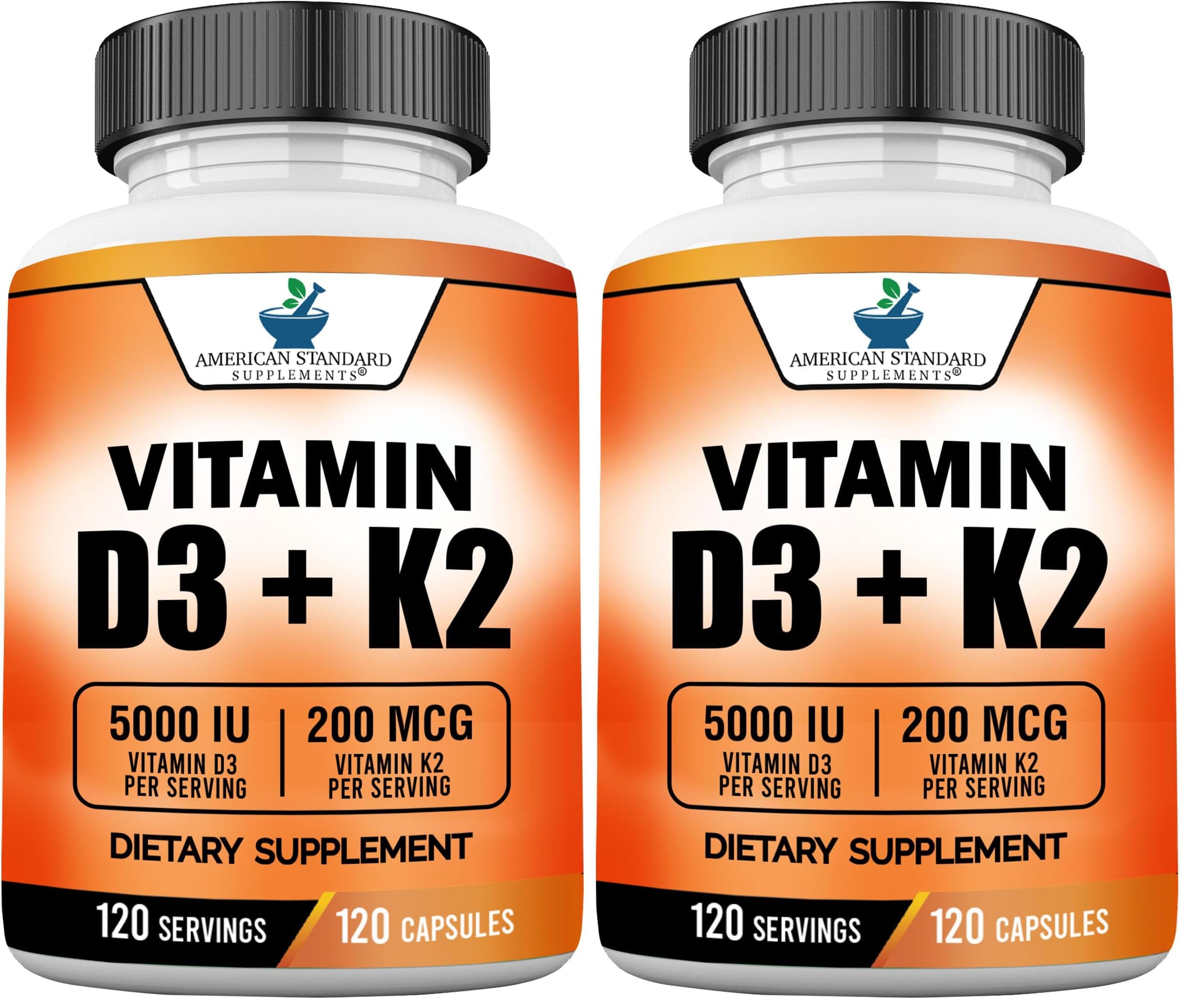 American Standard Supplements Vitamin D3 5000 IU (125mcg) Plus Vitamin K2 (MK7) 200mcg Per Capsule - Gluten Free, Non-GMO, 120 Capsules, 120 Servings, 120 Day Supply (Pack of 2) 1 Count (Pack of 240)