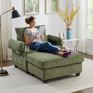 Corduroy Chaise Lounge Chair Indoor with Ottoman & Adjustable Backrest, Upholstered Oversized Arm Chair with USB Charge Ports, Cup Holders, Comfy Reading Sofa Chairs for Living Room, BedroomGreen
