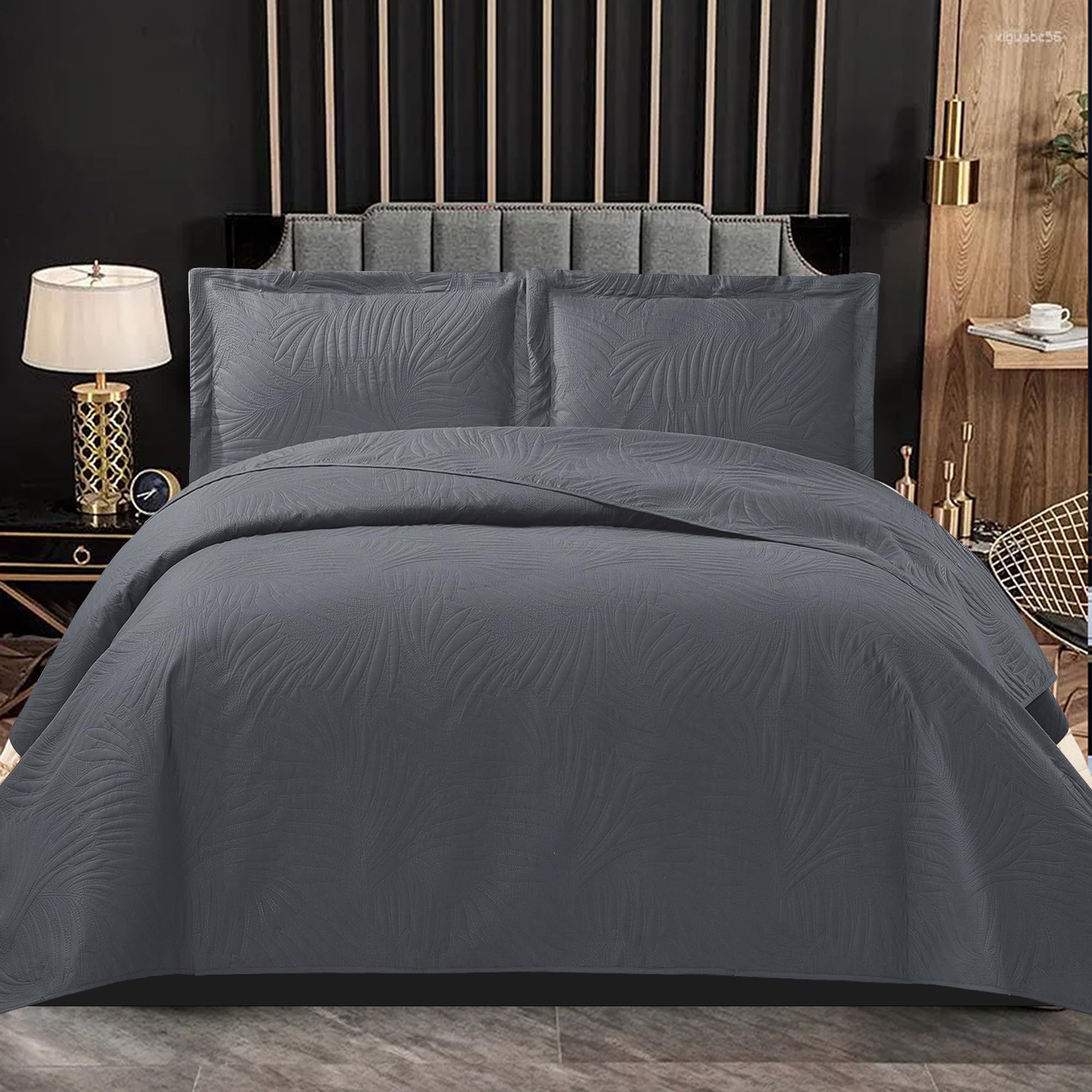 PHP Bedspread Bed Throws for Bedroom Decor - Decorative Embossed Tropical Leaf Pattern Quilted Fabric Reversible Quilt Bedspreads Coverlets with Pillow Case (Single, Grey)