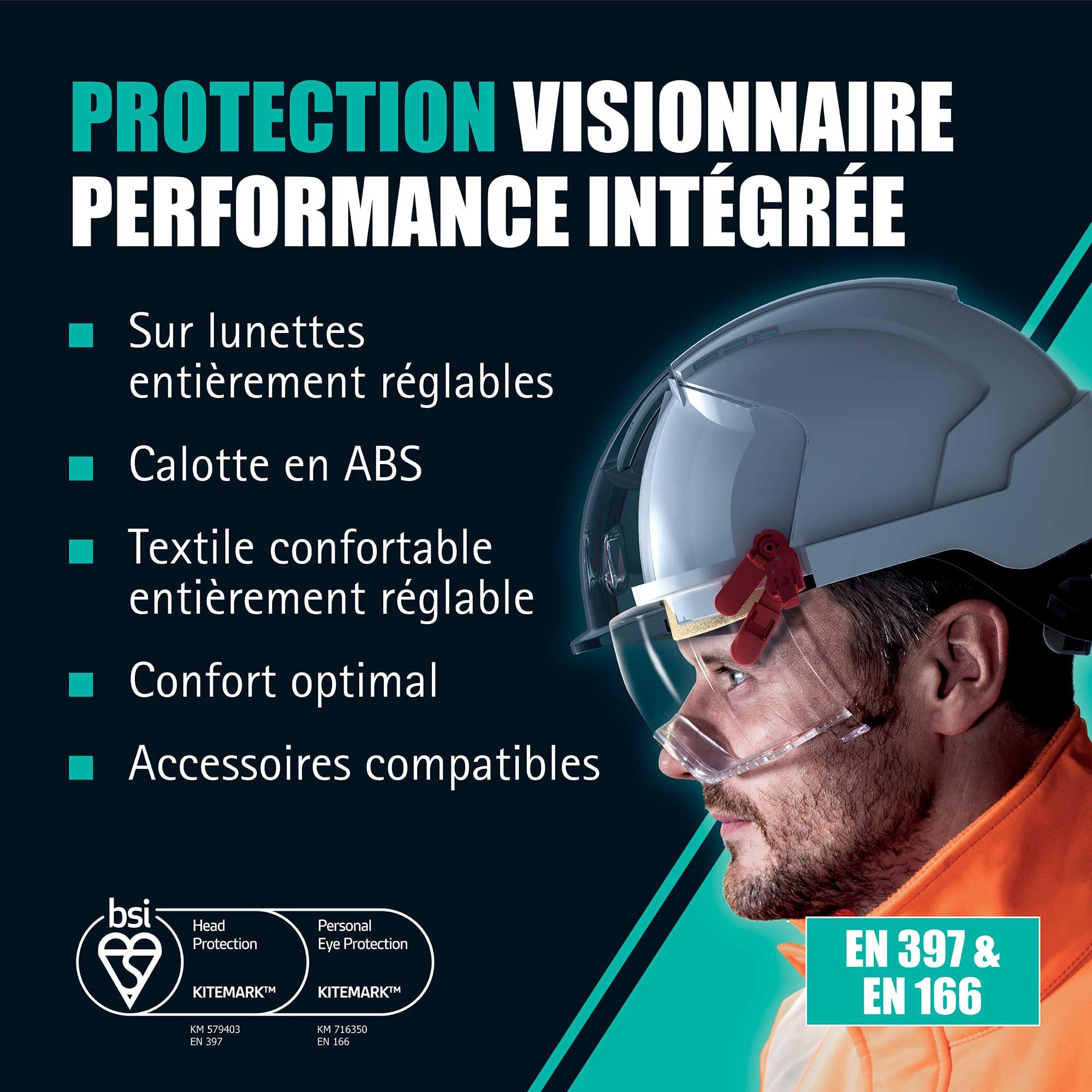 JSP Evo VISTALENS Casque de sécurité avec Lunettes intégrées - Aéré - Blanc/Fumé - Casque Chantier avec visière de Protection pour démolition, Industrie & travaux Routiers - en 397