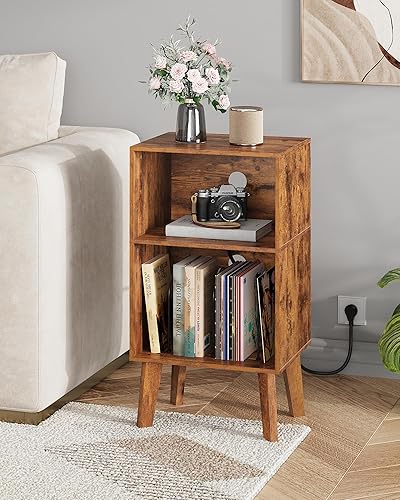 Miniatura 2 de Mesita de noche, moderna mesita de noche de mediados de siglo con almacenamiento y estante de madera abierto, mesa auxiliar pequeña con patas de