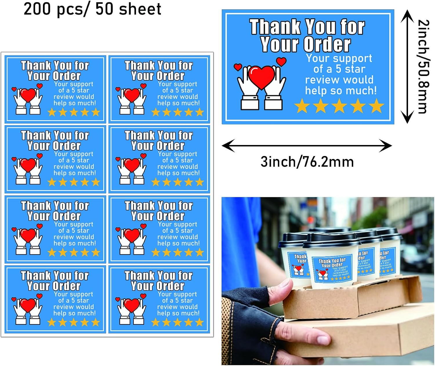5 Star Review Delivery Drivers Stickers 3 x 2 Inch Waterproof Thank You for Your Order Labels 200 Pcs Freshness Tamper Evident Food Packaging Stickers for Small Business Takeout Driver (Blue)
