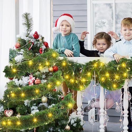 Miniatura 6 de Craftsatin Guirnalda de Navidad de 49 pies con 160 luces LED, guirnalda de pino artificial iluminada, decoración de vacaciones, verde suave para