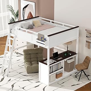 Linique Queen Size Loft Bed with Built-in Desk, Storage Box, Open Shelve...