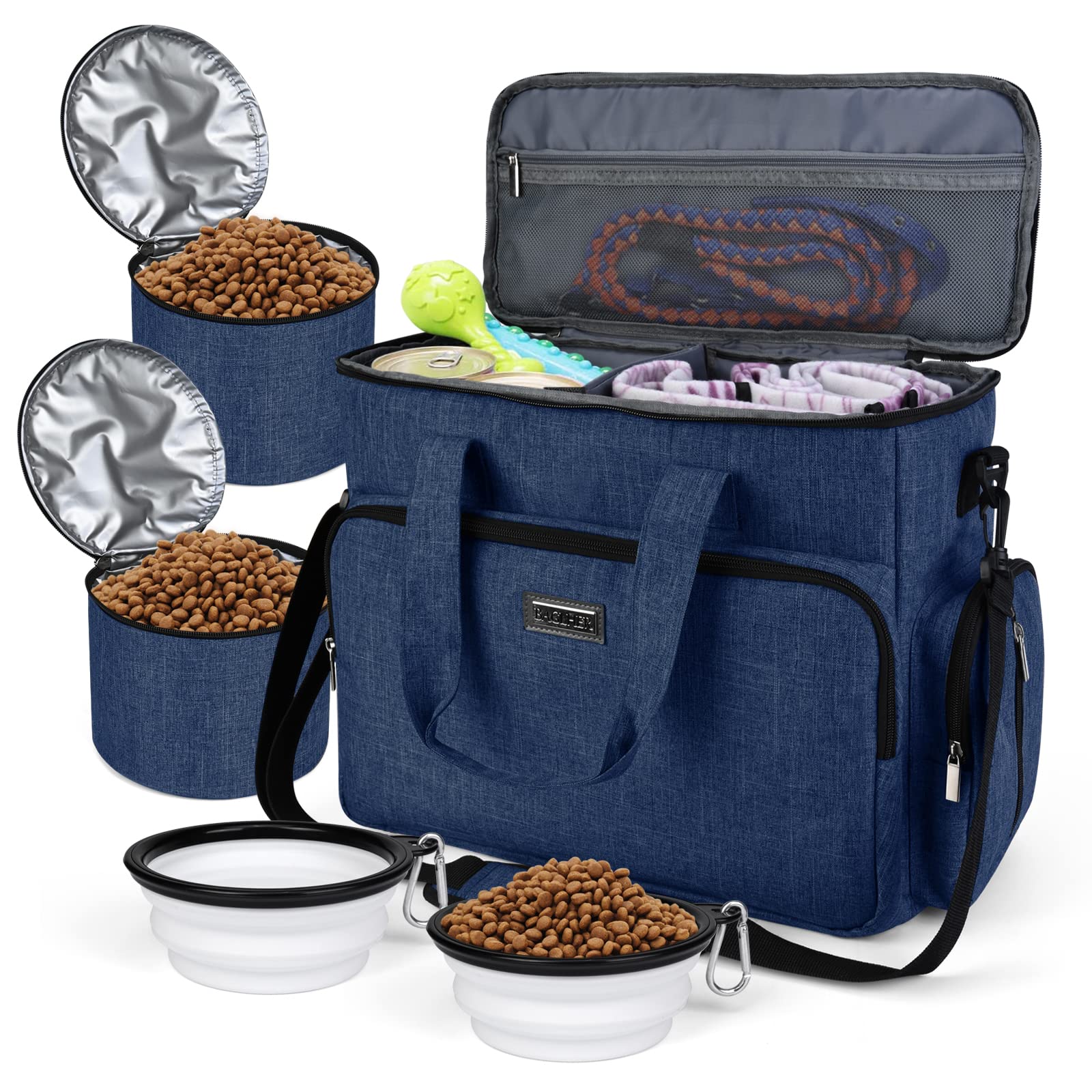 BAGLHER Dog Travel Bag, Pet Travel Bag (ALL Pet Travel Supplies), With 2 Pet Food Containers and 2 Collapsible Silicone Bowls; Essential Kits for Pet Travel Dark Blue