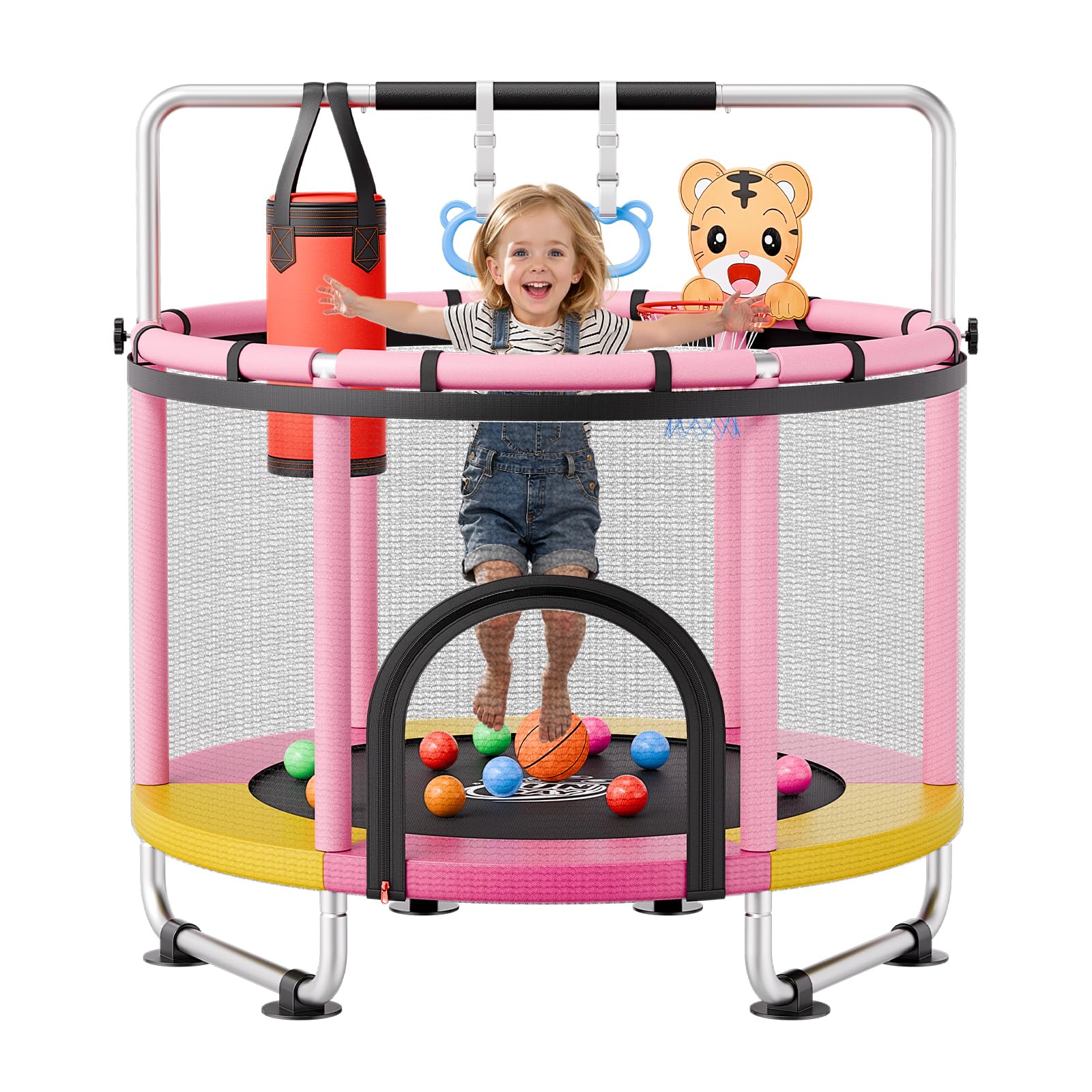 VEVOR Trampolin Mini für Kinder mit 60 kg Tragkraft Sicherheitsnetz 150 cm, Gartentrampolin Outdoor mit Basketballkorb, Basketball und Turnringe für Kinder, Weihnachts- oder Geburtstagsgeschenk