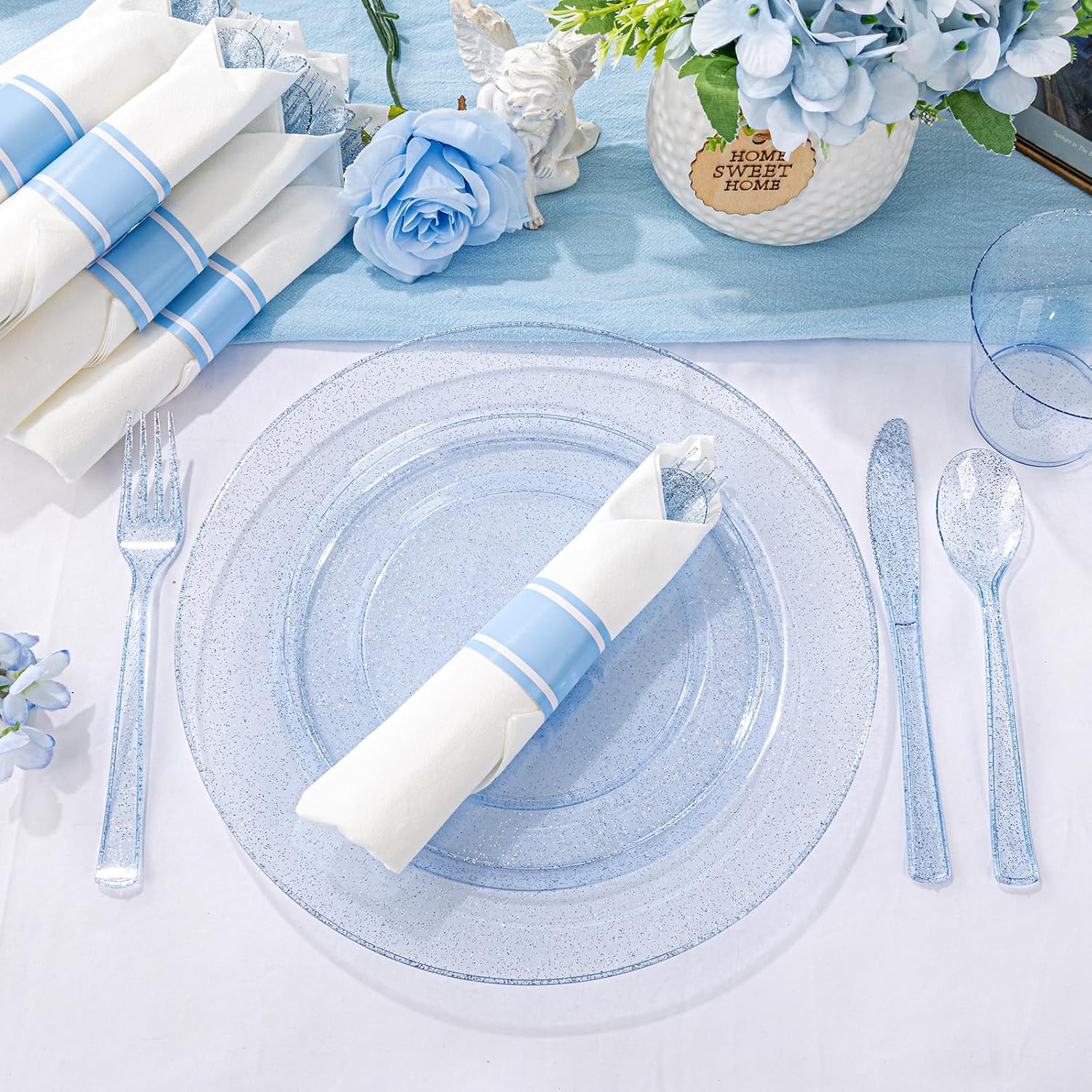 Condition photo showing New/Like New for dayammi 350 pieces blue glitter dinnerware set 50 guest for party- 50 dinner plates, 50 dessert plates -50 per rolled napkins with blue cutlery - 50 disposable cups 9 oz blue glitter 350pcs(50 guests)