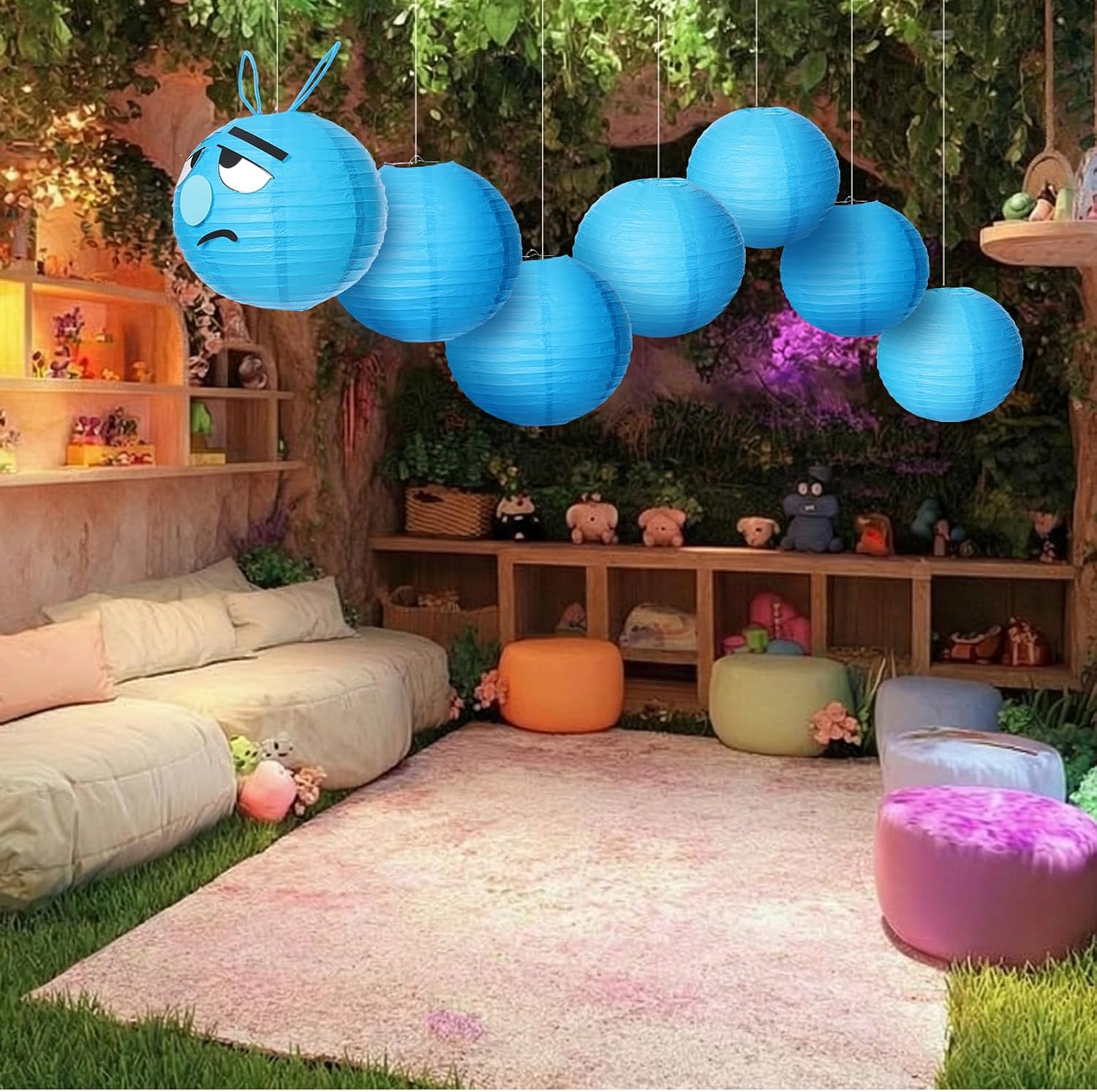 7 Pcs Wonderland Tea Party Decoration Classroom Decor Blue Caterpillar Paper Lanterns Wonderland Party Ceiling Hanging Decoration 12" Paper Lantern Back to School for Baby Shower Birthday Photo Booth