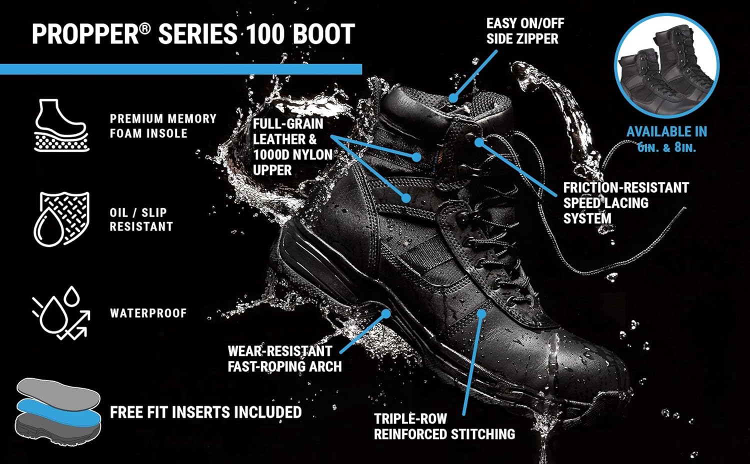 Propper Men's Series 100 6" Side Zip Waterproof Boot, Black, 10.5 - Image 3