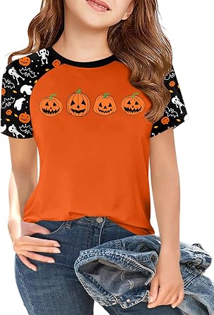 Ithalt Kids Halloween Shirt Boys Girls Pumpkin Graphic T Shirt Spooky Season T-Shirt Halloween Ghost Short Sleeve Tops 5-11y