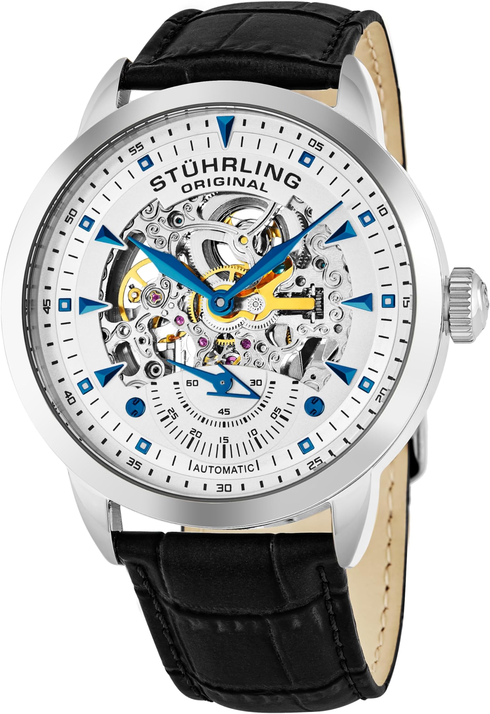Mens Automatic Skeleton Watch - Black Leather Strap, Mechanical Silver Executive Watch