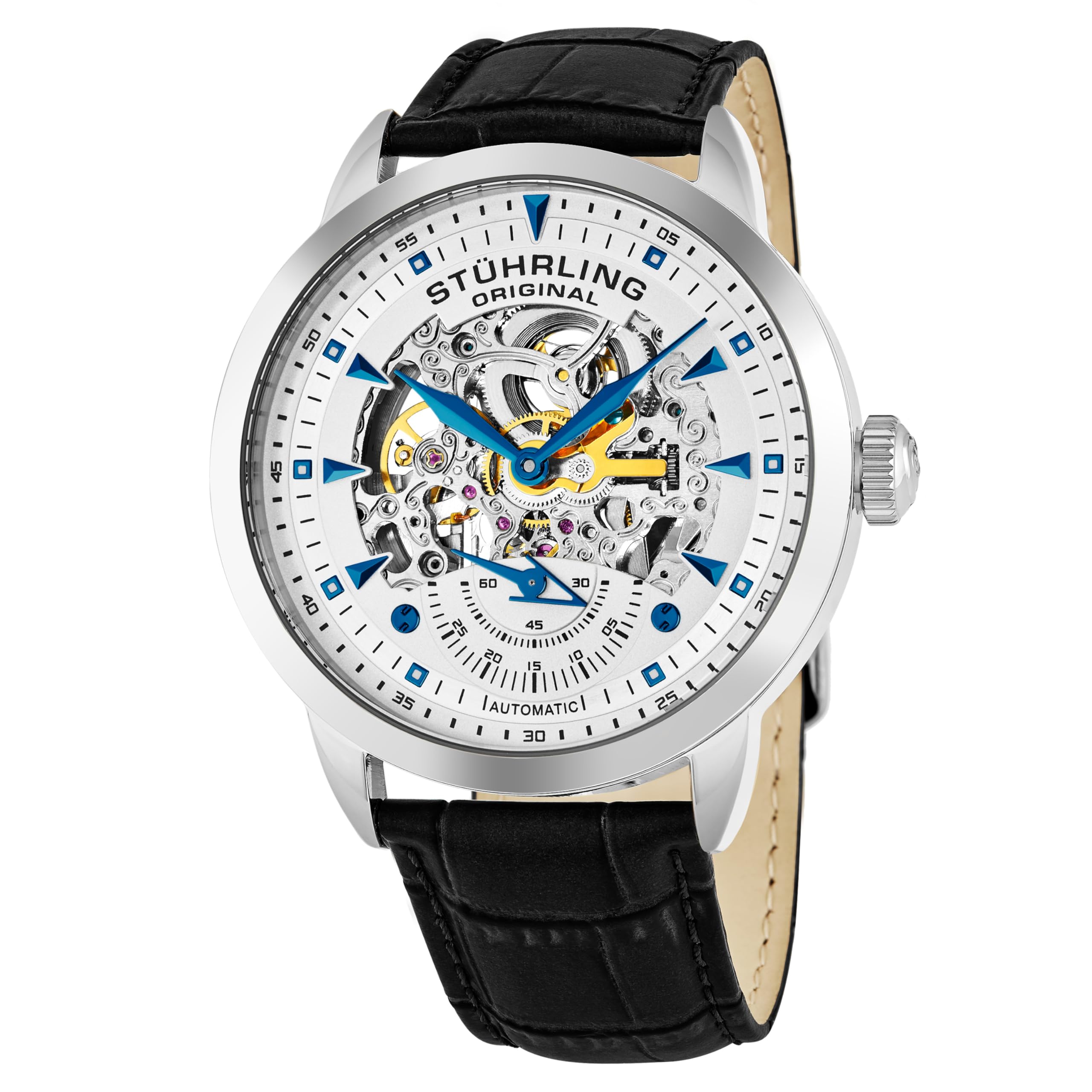 Stuhrling Original Mens Automatic Skeleton Watch - Black Leather Strap, Mechanical Silver Executive Watch