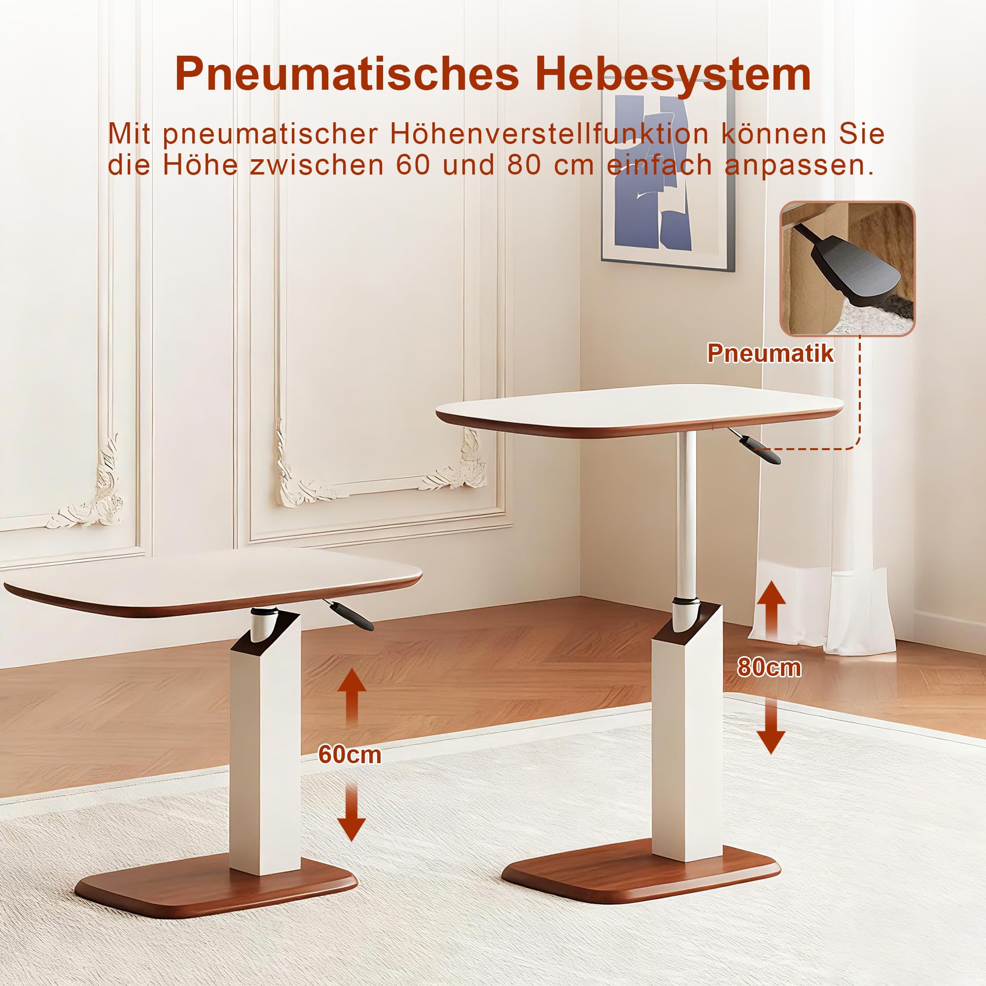 Höhenverstellbarer Beistelltisch mit Versteckten Rollen & Pneumatik, Kleiner C-Form Betttisch Sofatisch mit 360° Drehbar, Holz Side Table für Wohnzimmer, Laptoptisch für Couch Sofa Bett