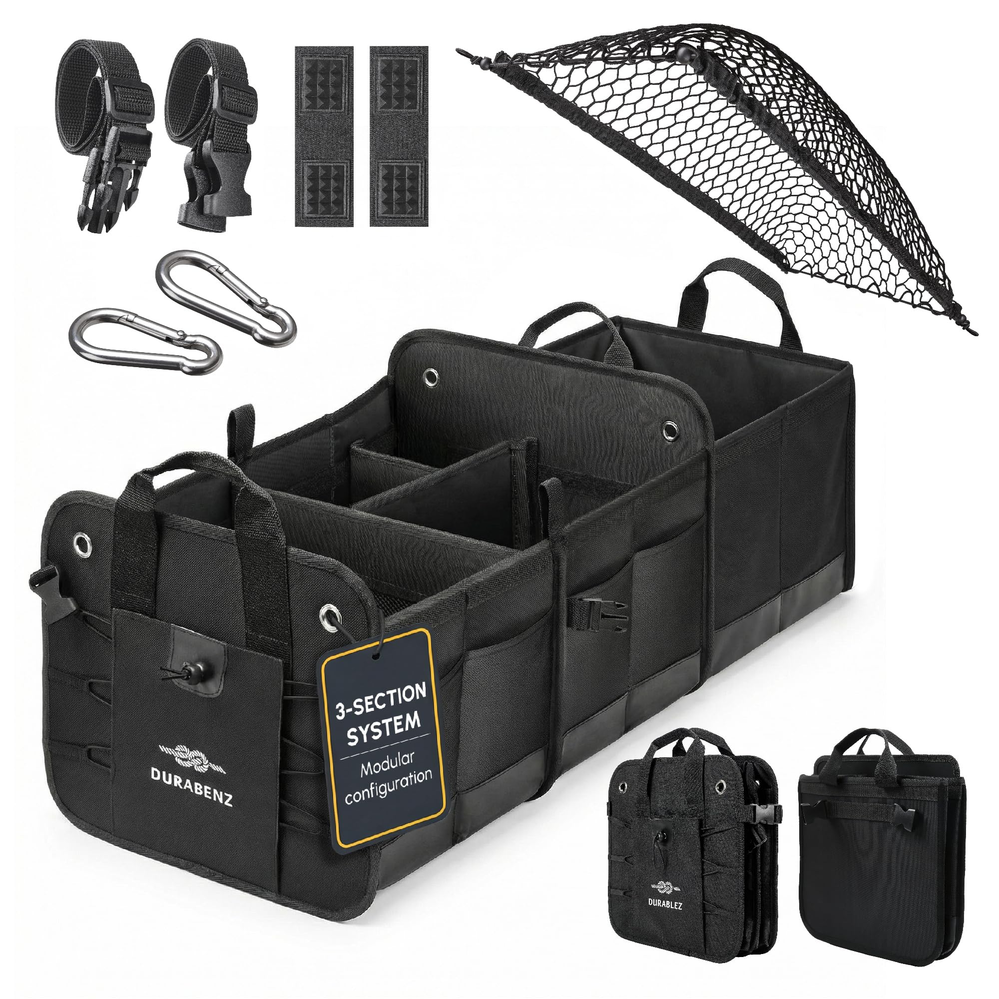 DURABLEZ 3-Section Car Trunk Organizer XL – Large Modular Auto Storage Bin, Foldable Multi-Compartment Cargo Organizer for Car Trunk, Heavy Duty 1680D Design – Black