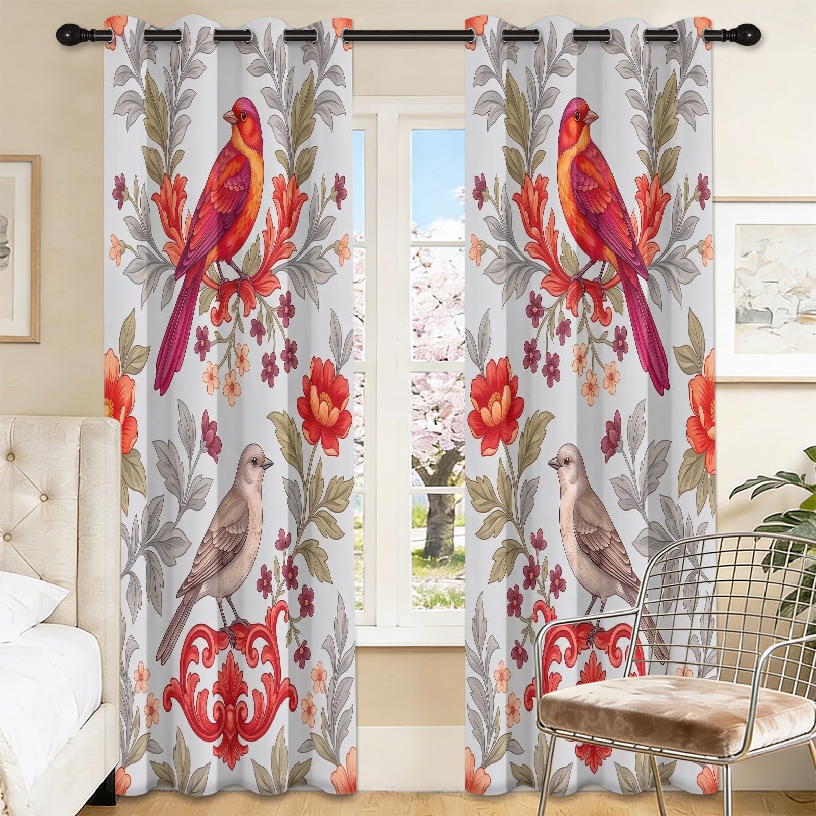 Zasłony zaciemniające szer. 117 cm x dł. 183 cm do sypialni, salonu, wzór ptaków, styl vintage, kwitnący las, zasłony z przelotkami, izolacja termiczna, redukcja hałasu, zasłony okienne, 2 panele