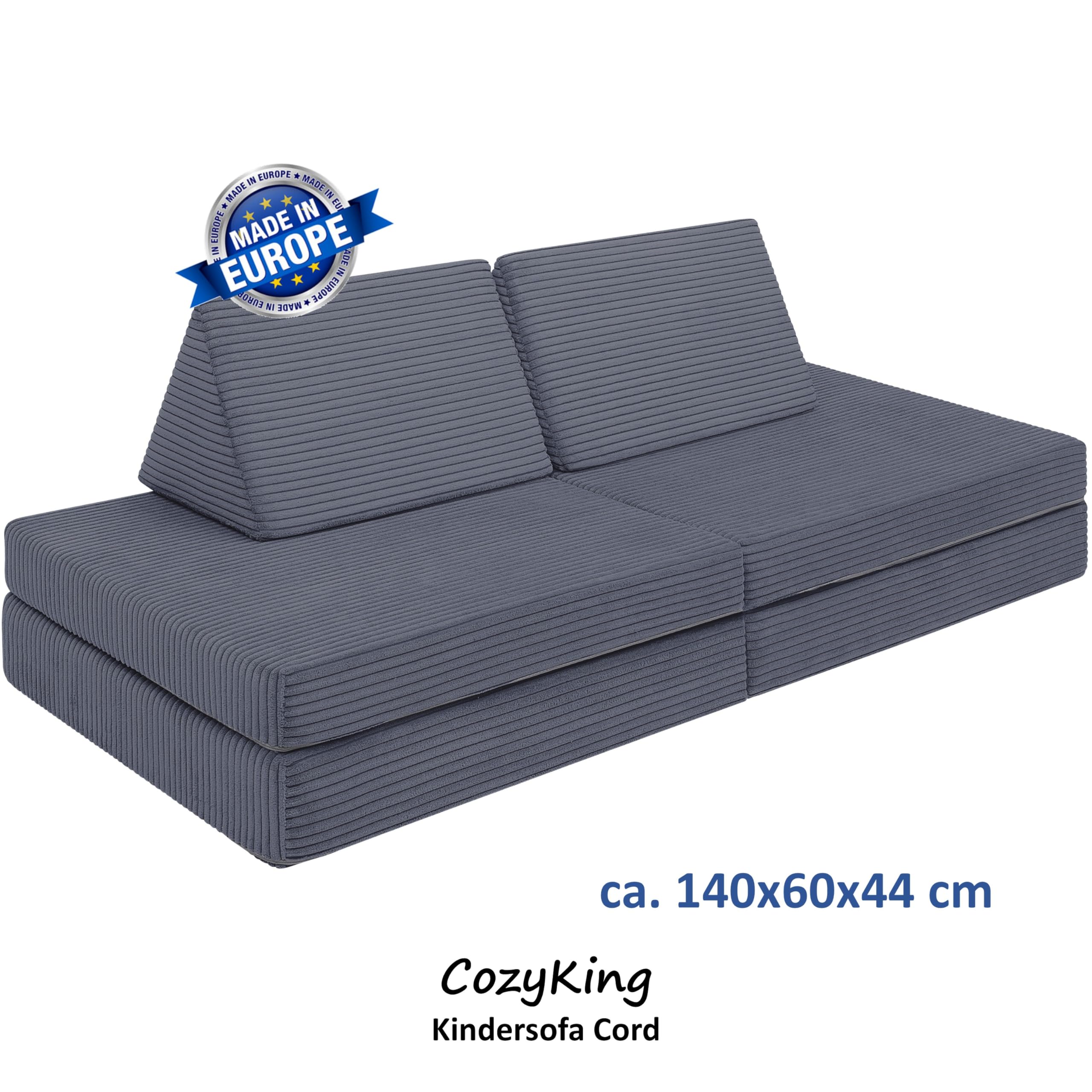 CozyKing Kindersofa in Cord grau – Weiches Spielsofa für Kinder mit abnehmbarem & waschbarem Bezug – Vollschaumkern, atmungsaktiv, Made in EU, ideal fürs Kinderzimmer