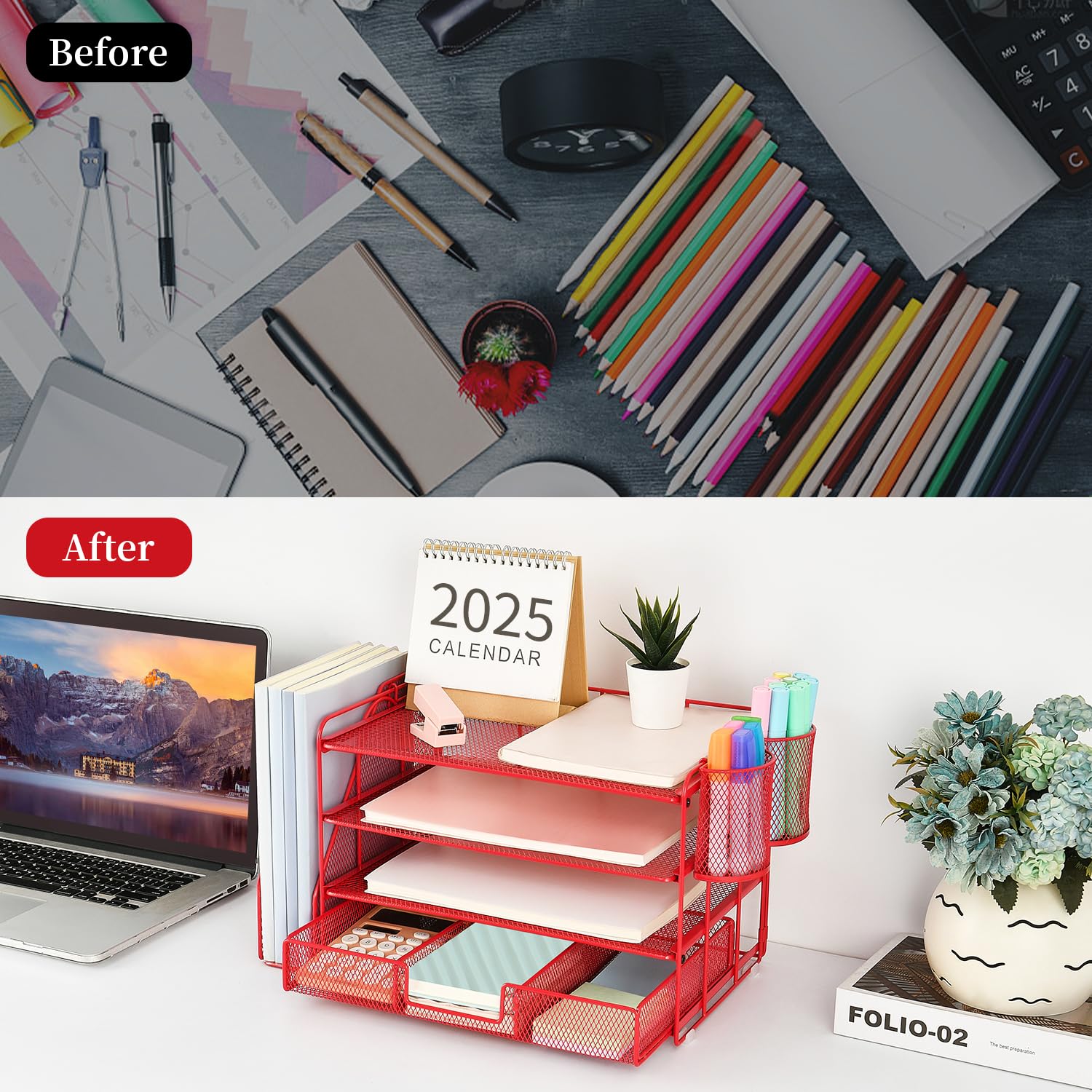 gianotter Desk Organizers and Accessories with File Holder, 4-Tier Desk Accessories & Workspace Organizers with Drawer and 2 Pen Holder, Paper Organizer for Office Supplies(): Red