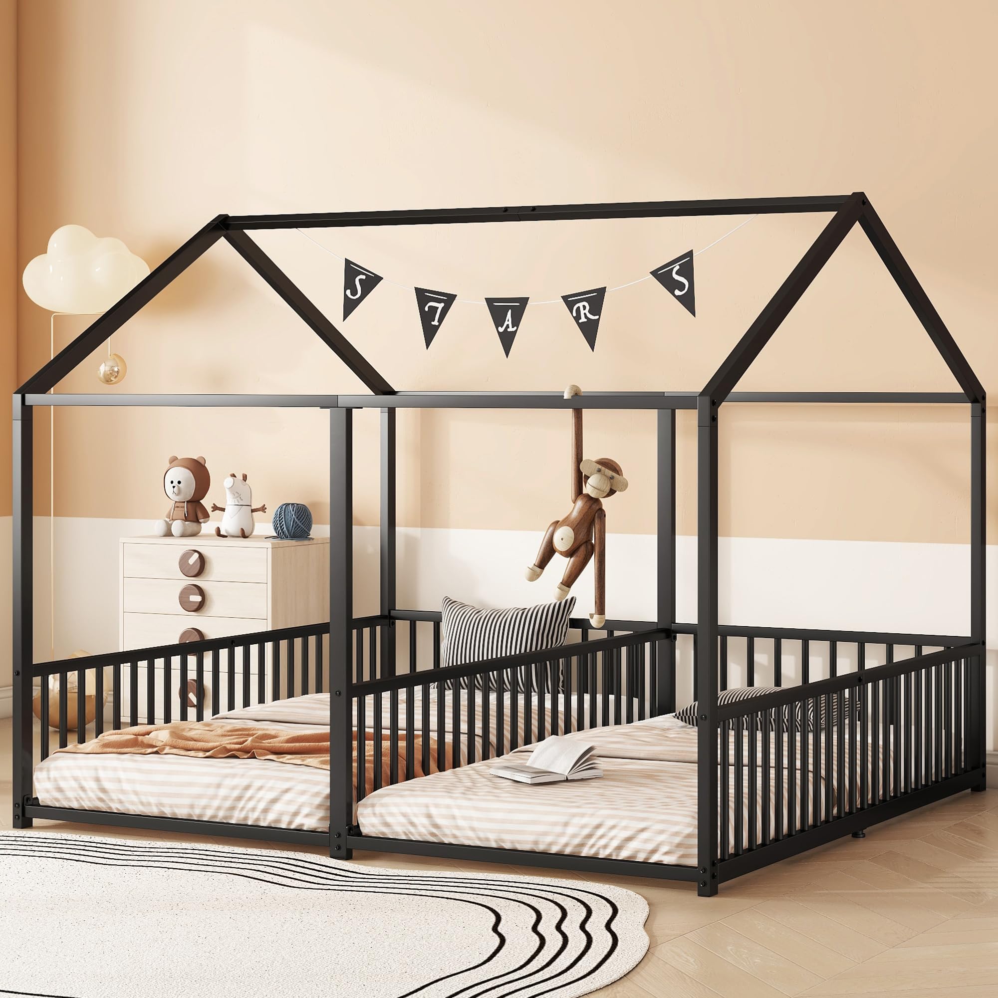 Dolamaní Bodenbett 180x200 cm 2 Kinder mit rausfallschutz, 90x200 cm Einzelbetten 2-in-1, Hausbett Metall Geschwister Bett, Kinderbett Bodentief (Schwarz B)