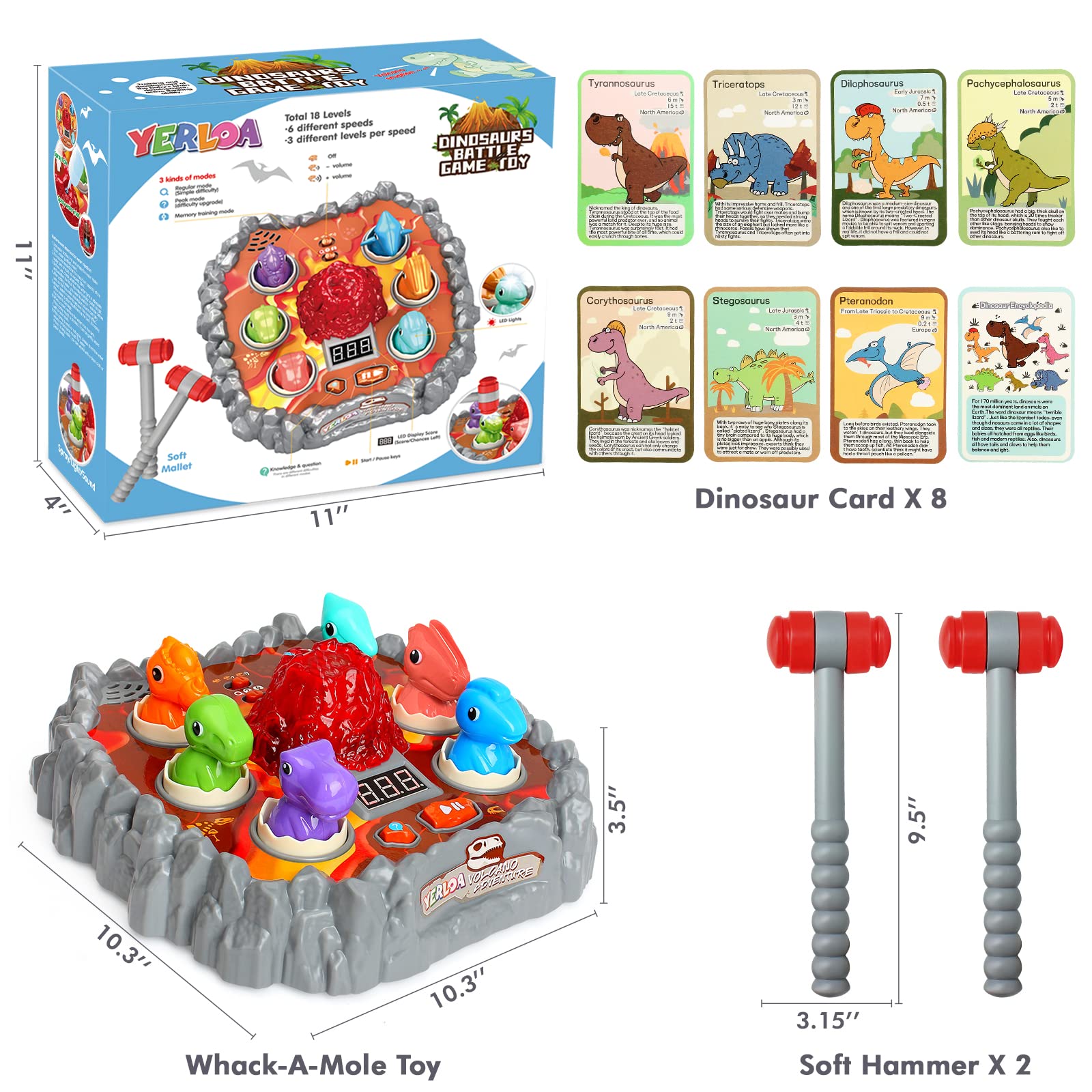 Yerloa Jeu de la Taupe pour Les Tout-Petits, Jouets interactifs Dinosaures pour Enfants de 3 à 5 Ans, garçons/Filles avec Son et lumière, Jouet Volcan en Spray 3 4 5 6 7 Ans avec 2 marteaux Souples
