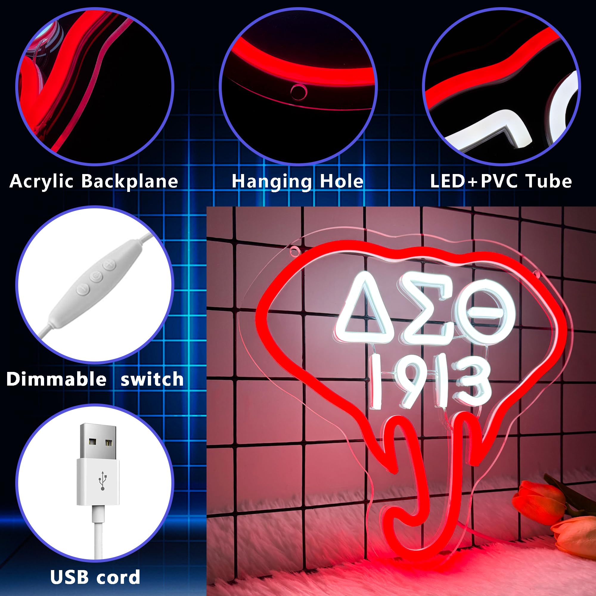 1913 Sorority Insegna al neon, dimmerabile, con elefante rosso, luci al neon per decorazione da parete, insegna greca con lettere greche alimentate tramite USB, regalo per feste e amiche (30 x 28 cm)