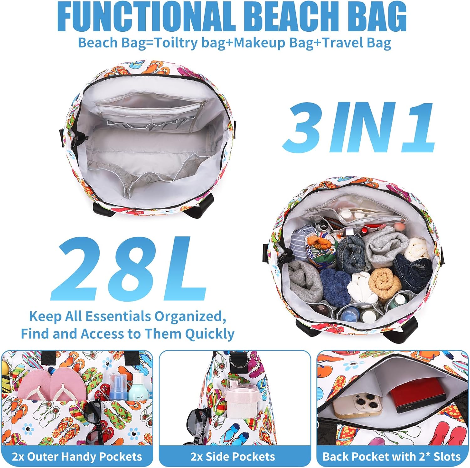 Beach Bags for Women, Large Waterproof Sandproof Swim Pool Bag with Dry Wet Seperated Pocket Utility Tote Bag - Image 3