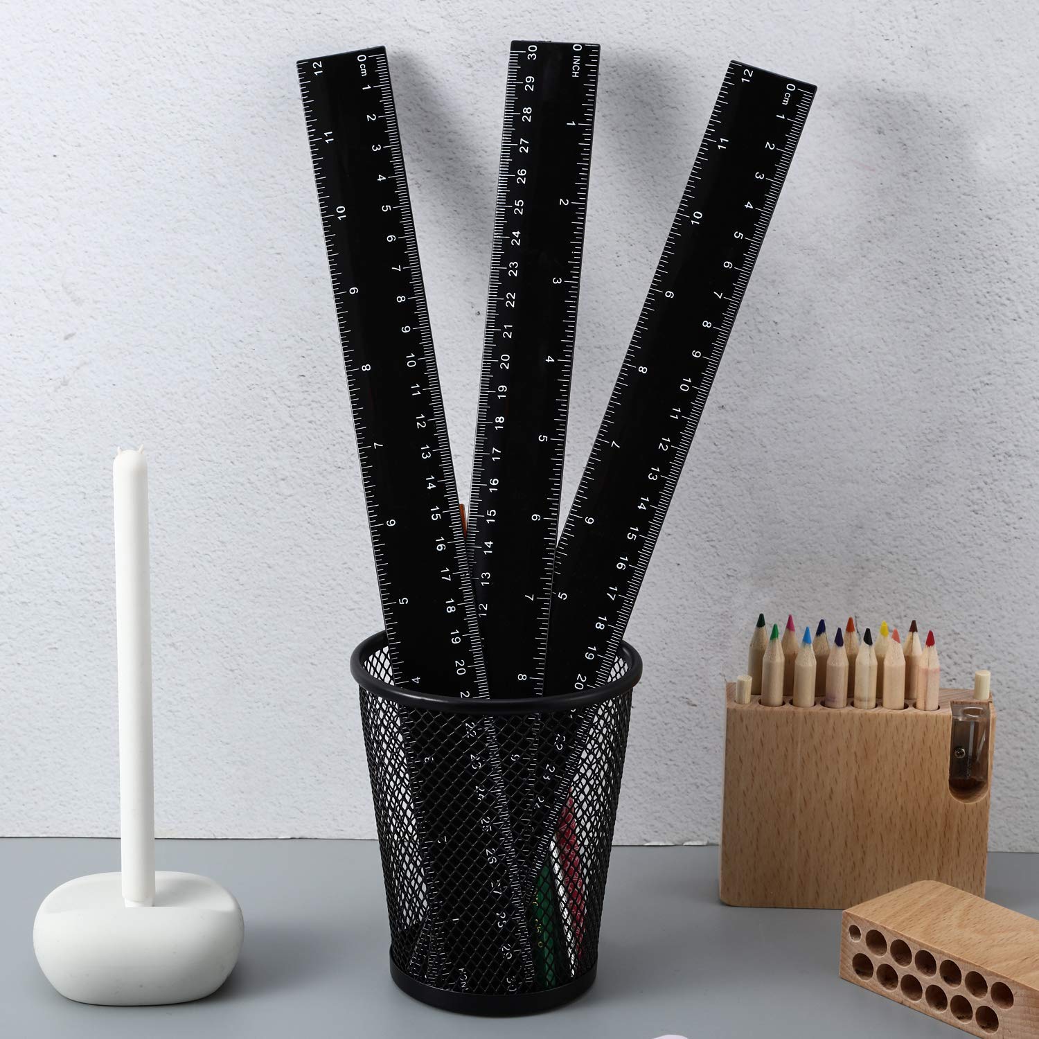 EBOOT 100 Pack Plastic Ruler 12 Inch Straight Flexible Ruler with Inches and Metric for School Classroom Home or Office (Black)
