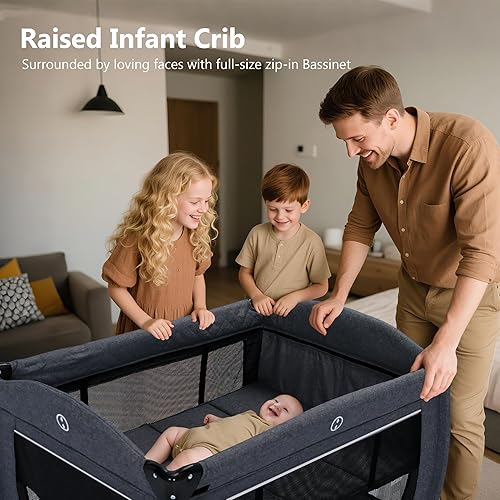 Miniatura 5 de Kinder King Corral de juego plegable 4 en 1 con moisés y mesa cambiadora, corralito portátil para bebés y niños pequeños, cuna convertible para