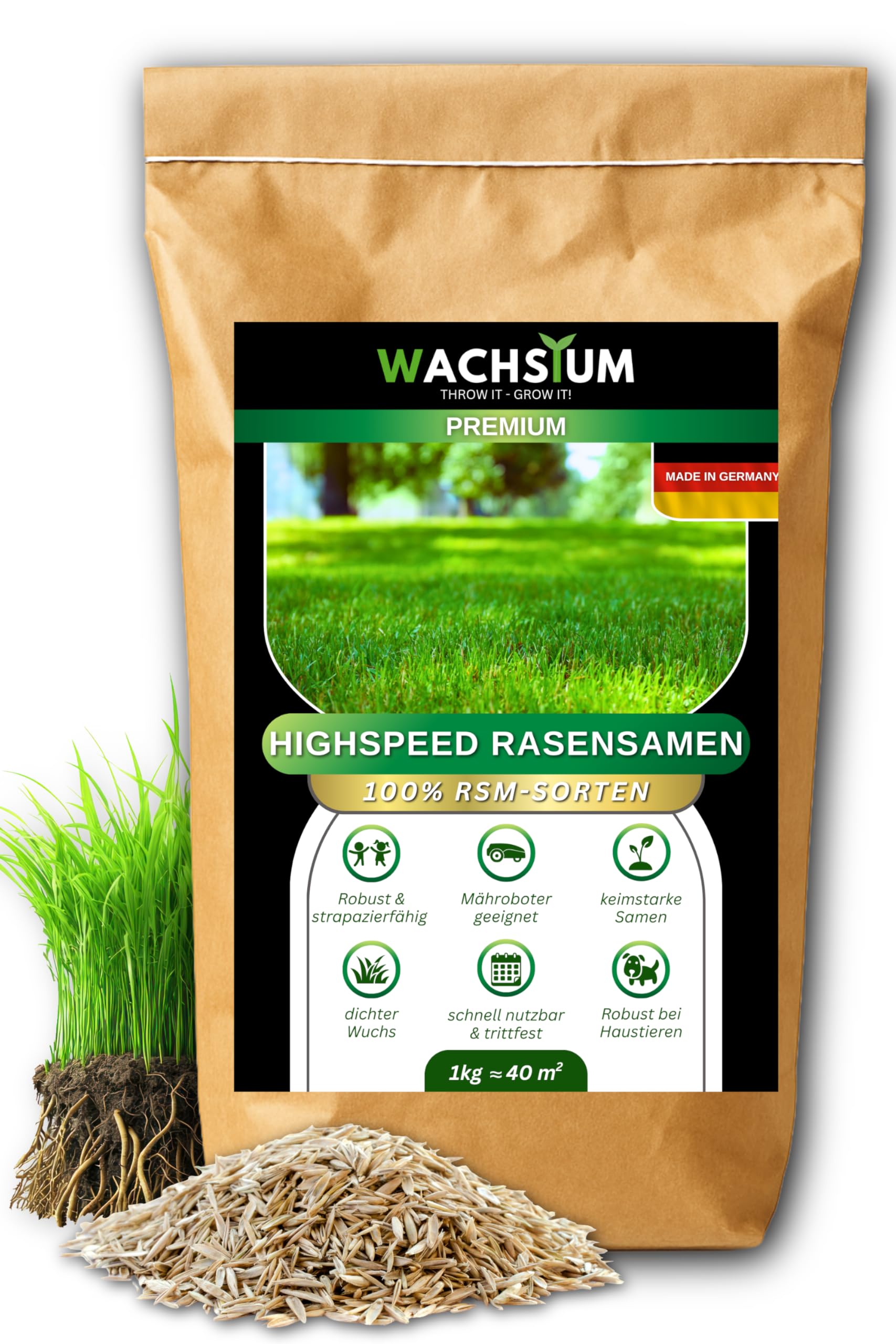 Rasensamen schnellkeimend 1kg 40qm – Frühjahr und Sommer Premium Grassamen Nachsaat, dichter strapazierfähiger Rasen, Mähroboter geeignet – kräftiges Wachstum, RSM Qualität, - 1