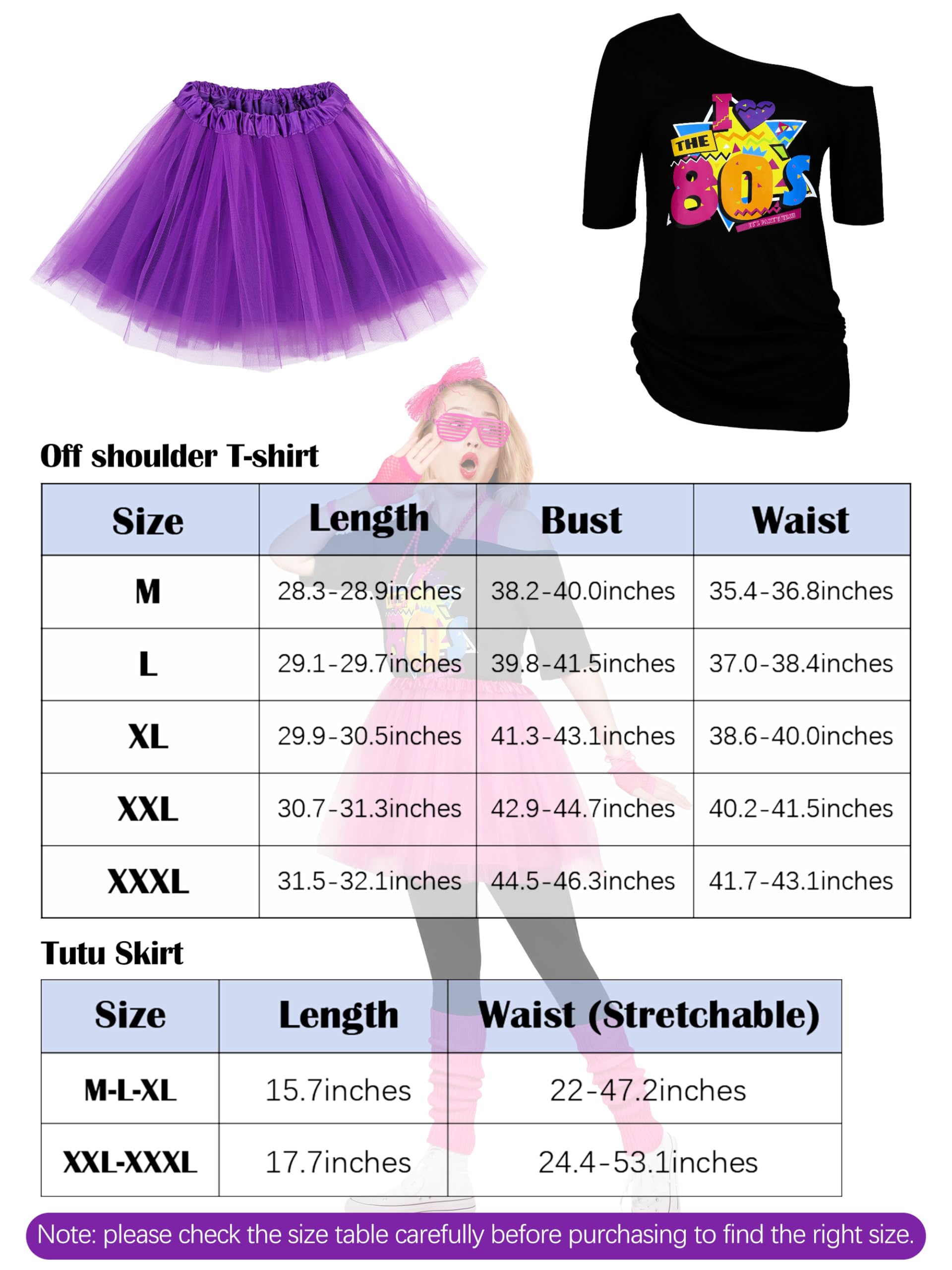 AOTHSO 24 Stücke Halloween Frauen 80er Jahre Kostümzubehör Set 80er Jahre Cosplay T-Shirt Tutu Hose Racerback Top Fanny Pack Handschuhe Beinwärmer für Party