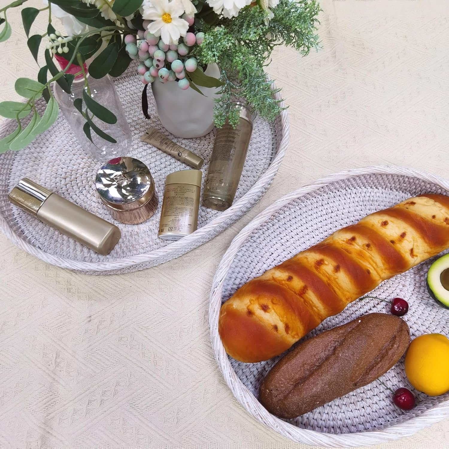 i-lan 17 inch White Washed Rattan Oval Countertop Severing Tray Without Handles-Natural Wicker White Kitchen Table Decorative Serving Tray for Drinks,Coffe,17"x13"x2.4"