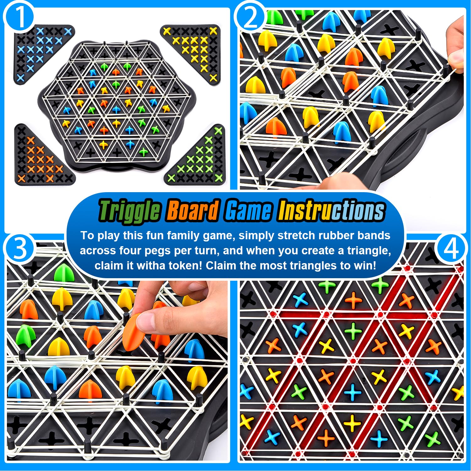 Triggle Gioco Da Tavolo In Legno Con Elastici - Scacchiera Triangolare, Gioco Di Strategia Per 2-4 Giocatori, Giocattolo Educativo Per Bambini 3+ Anni - 2