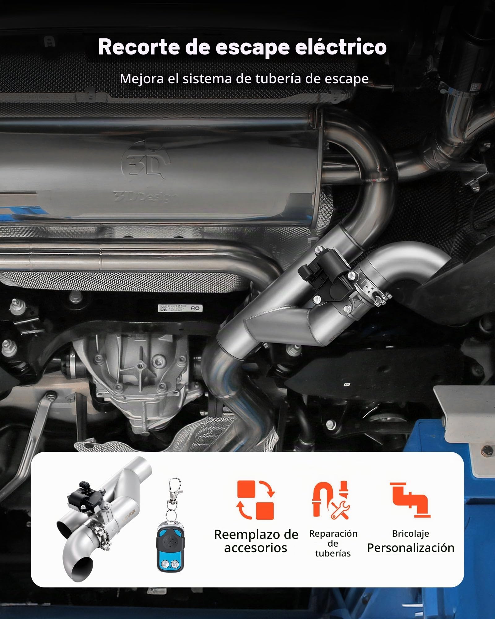 VEVOR Válvula de Escape Eléctrica Universal 6,35 cm, Acero Inoxidable, con Control Remoto, Tubo en Y, Caja de Control Remoto, para Camiones, Sedanes, Autos Deportivos y SUV, Color Metal Natural