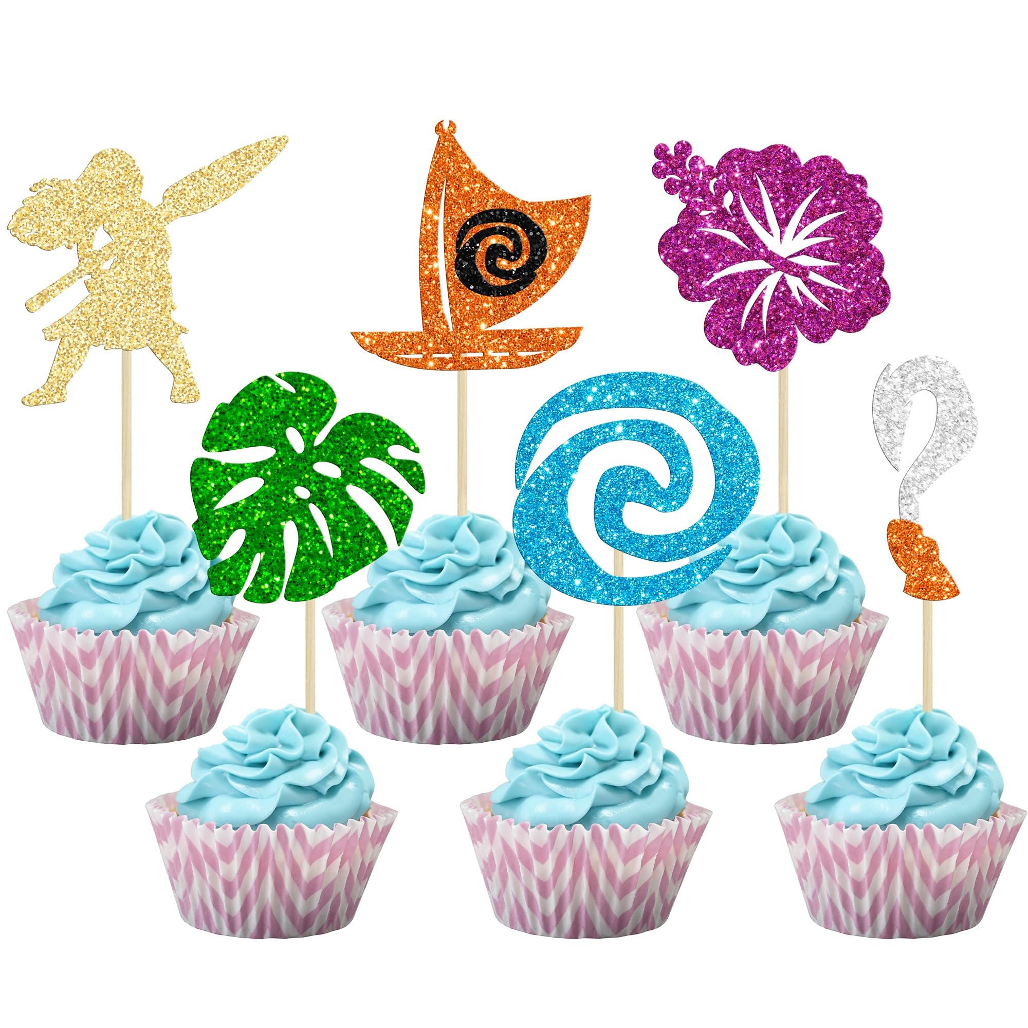 Ephlyn 24Pcs Moana Inspired Cupcake Toppers Assembled Glitter Palm Leaf Flower Moana Cupcake Picks for Tropical Hawaiian Luau Theme Baby Shower Birthday Party Cake Decorations Supplies — image 1