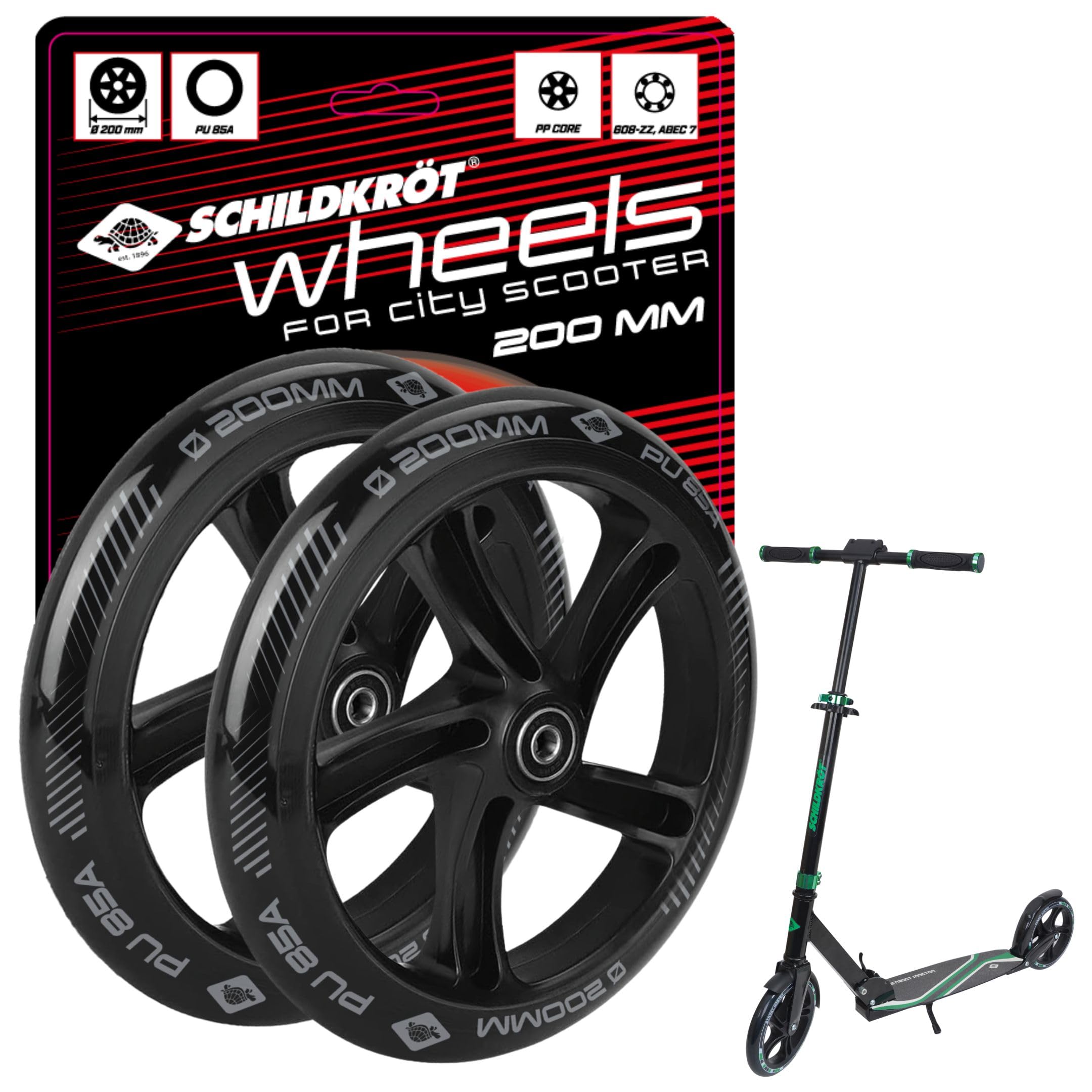 Schildkröt City Scooter 200 mm Replacement Wheels Set of 2 High-Quality PU Wheels (85A) with ABEC7 Bearings and Robust Plastic Rim