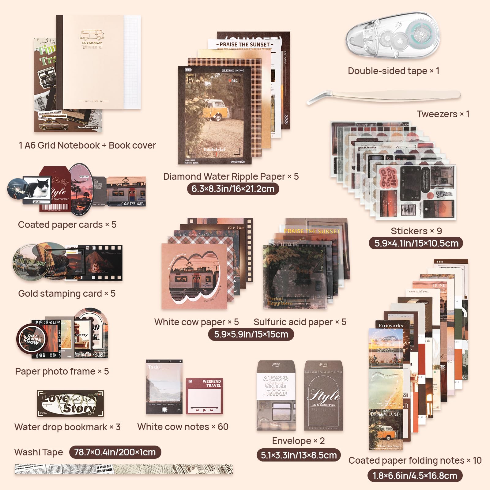 Scrapbook Fotoalbum Supplies Kit mit Pinzette und Klebeband, ästhetisches Vintage Junk Journal großes Scrapbooking-Papier, Aufkleber-Set, Notizbuch-Bastelbedarf, DIY-Geschenk für Erwachsene, Männer,