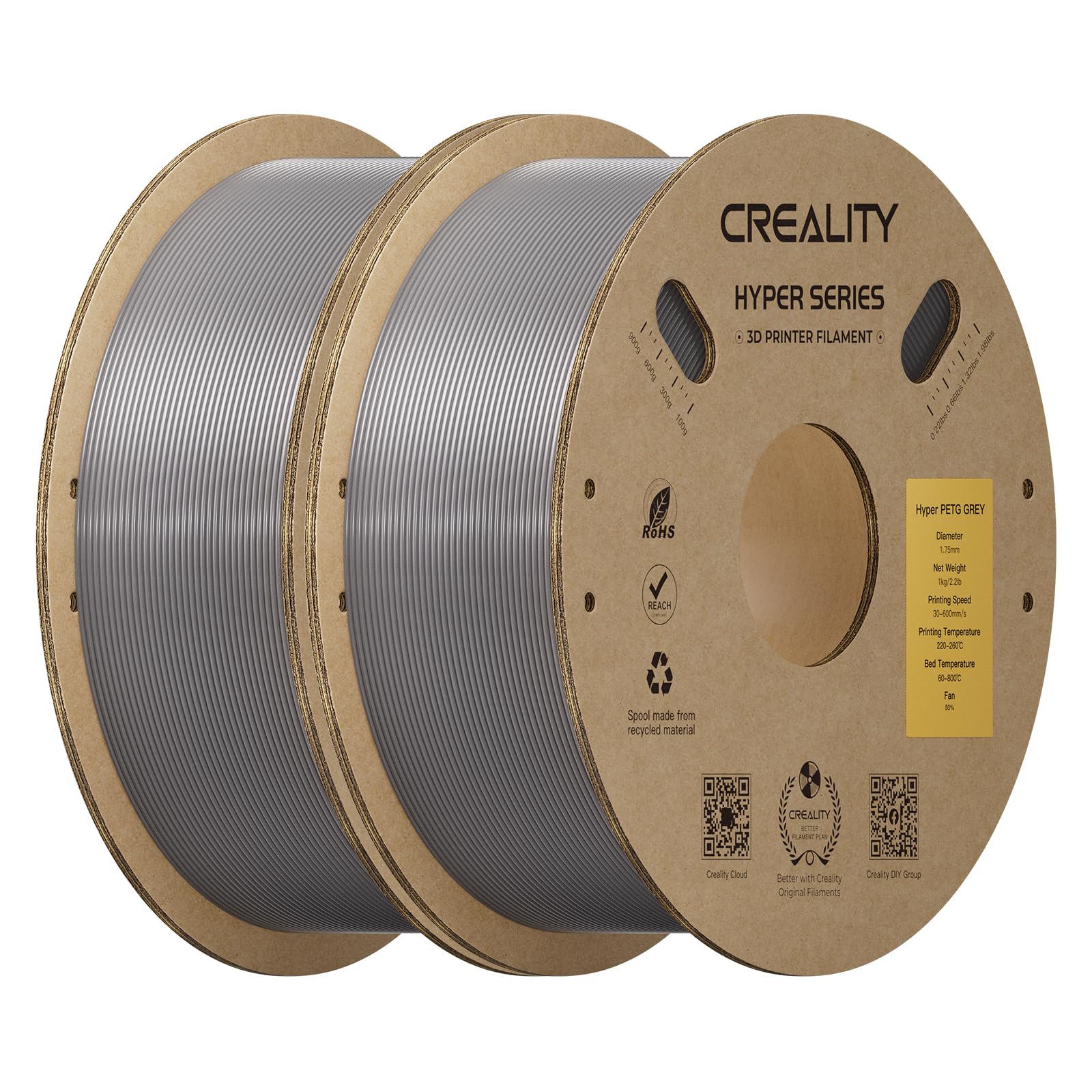 Creality Hyper PETG Filament 1.75mm, Grey, 2-Pack, 2KG