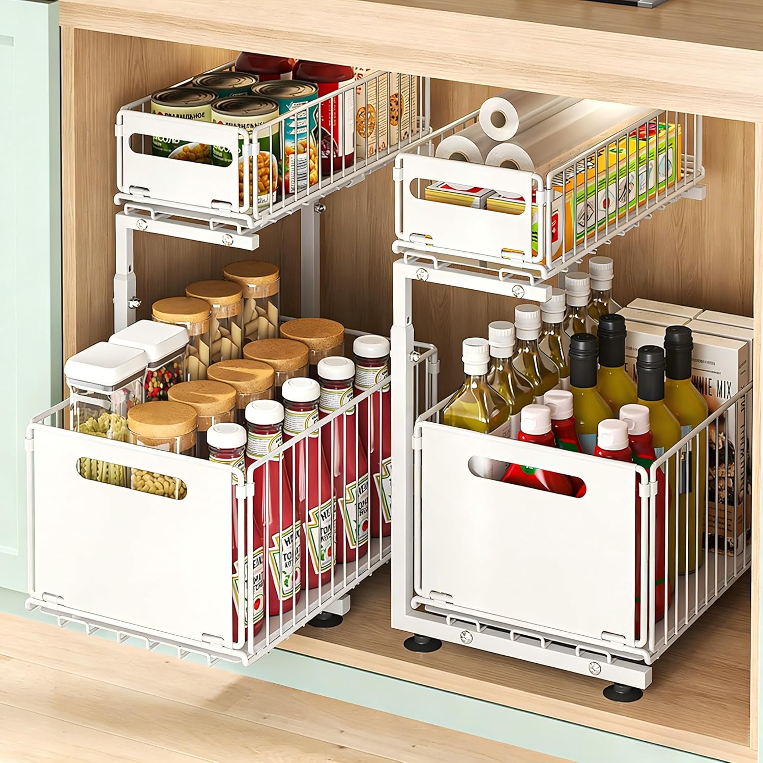 Under Sink Organizer, 2-Tier Multi-Use Kitchen and Bathroom Organizers and Storage, Slide Out Thickened Metal Under The Sink Organizer for Kitchen Bathroom Pantry (Style B White, 1 Pack)