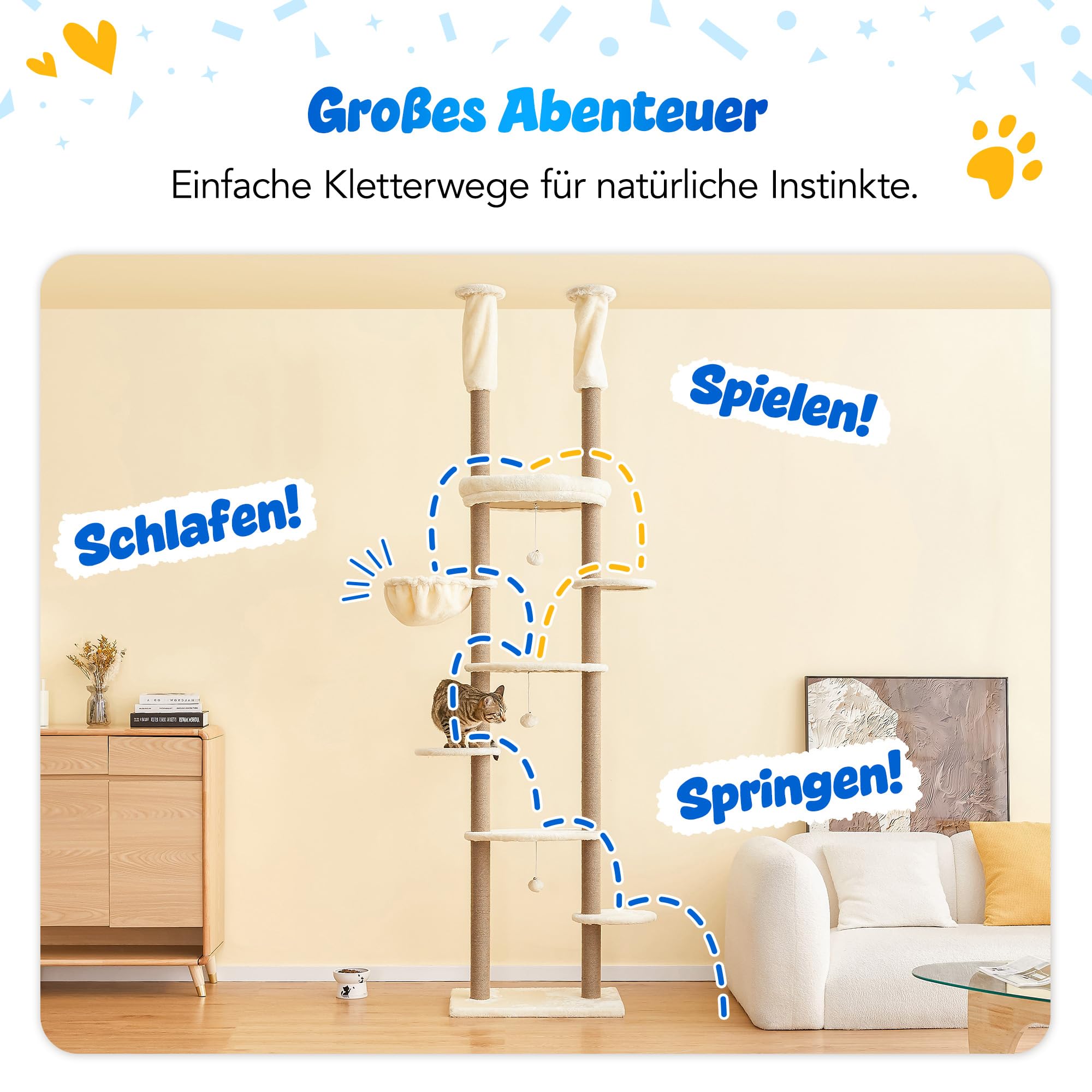 Deckenhoher Katzenbaum 234-259 cm höhenverstellbar, 2-Säulen-Design mit 12 sisalumwickelten Pfosten, mehrstöckig mit weichen Liegeflächen, Hängematte, Plattformen & Spielball, Beige