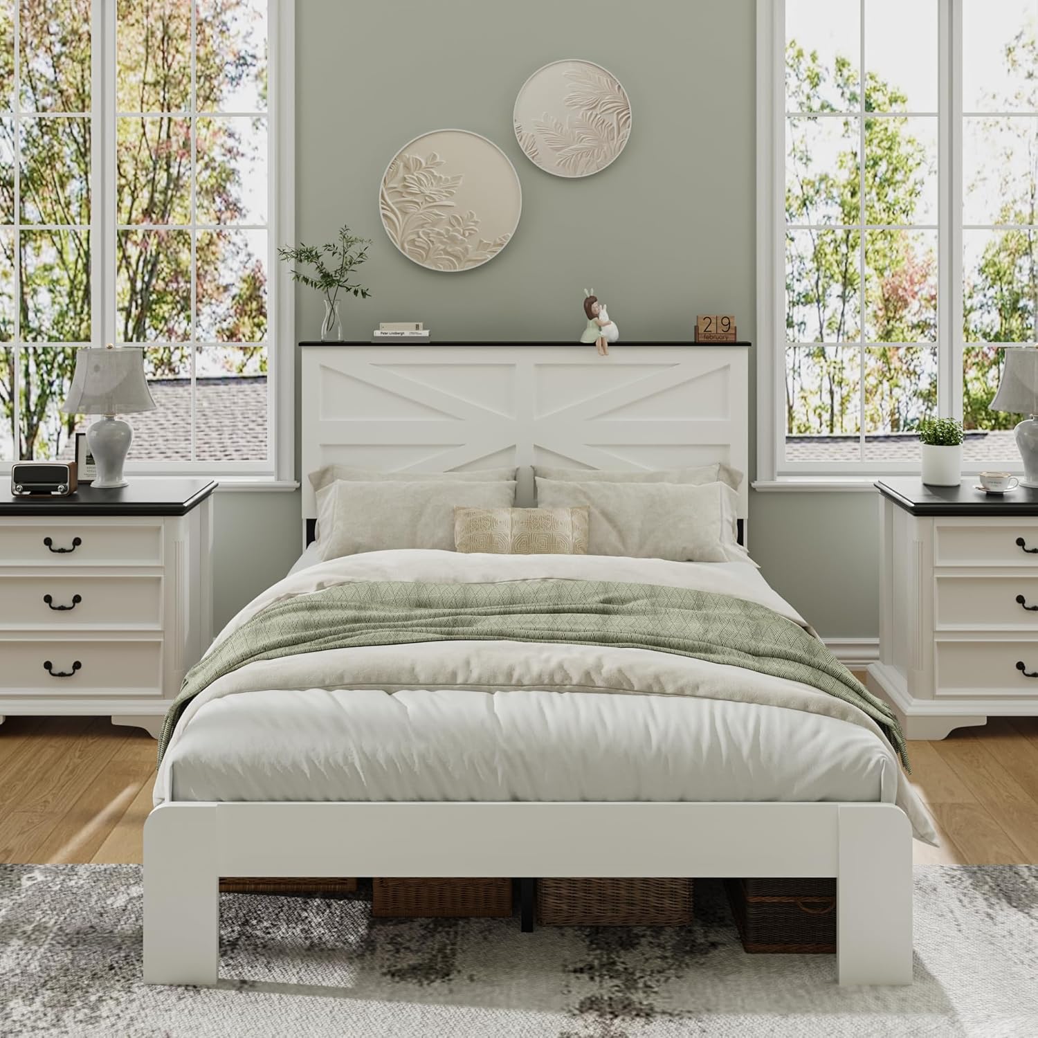 Queen Size Farmhouse Wooden Bed Frame with Headboard, Boho Platform Bedframe Sturdy Metal Slats Support, Spring Needed, Noisy Free, Easy Assembly (Queen, White)