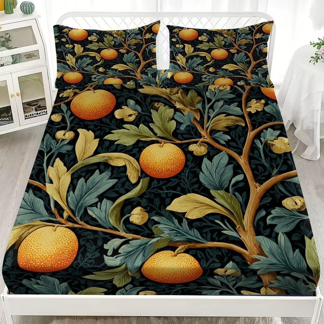 Fruits Fitted Sheet Leaves Bed Sheets Deep Pocket 12 inch (30 cm) Soft Cozy 3 Piece Microfibre Bed Sheet 200x200 cm with 2 Pillowcases 50x75 cm