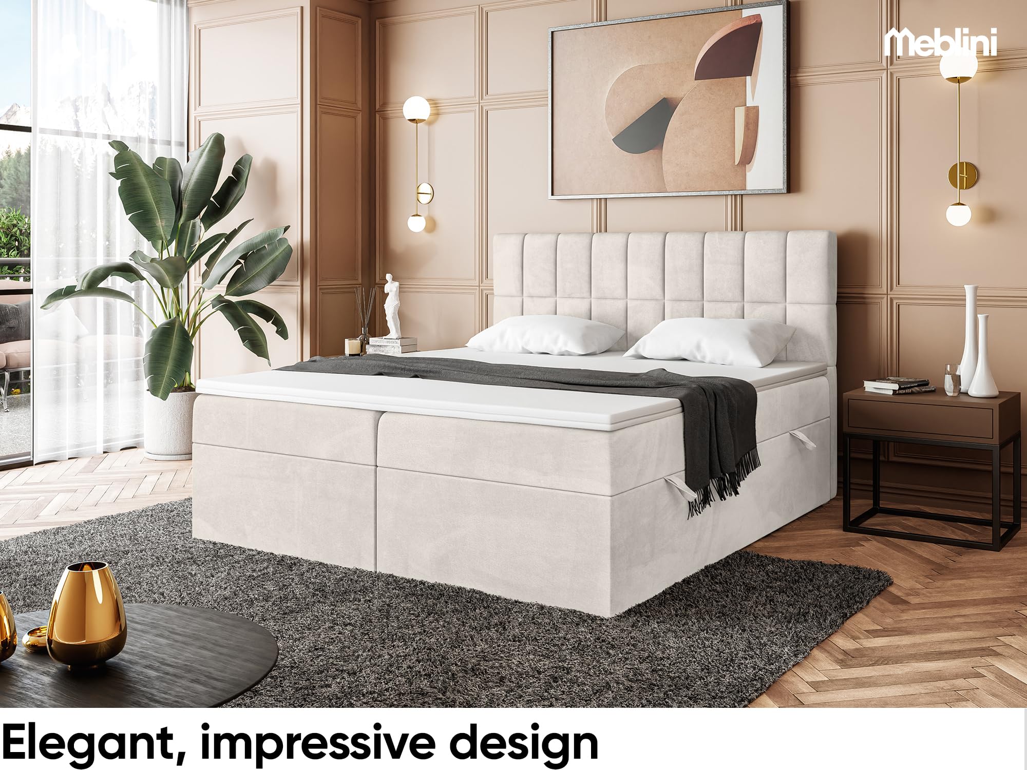 MEBLINI Boxspringbett mit Bettkasten - 180x200 - Gepolstert Doppelbett mit Matratze und Topper - Polsterbett mit Stauraum - Bett mit Kopfteil - Stauraumbett - Lukas - H4/Beige Samt
