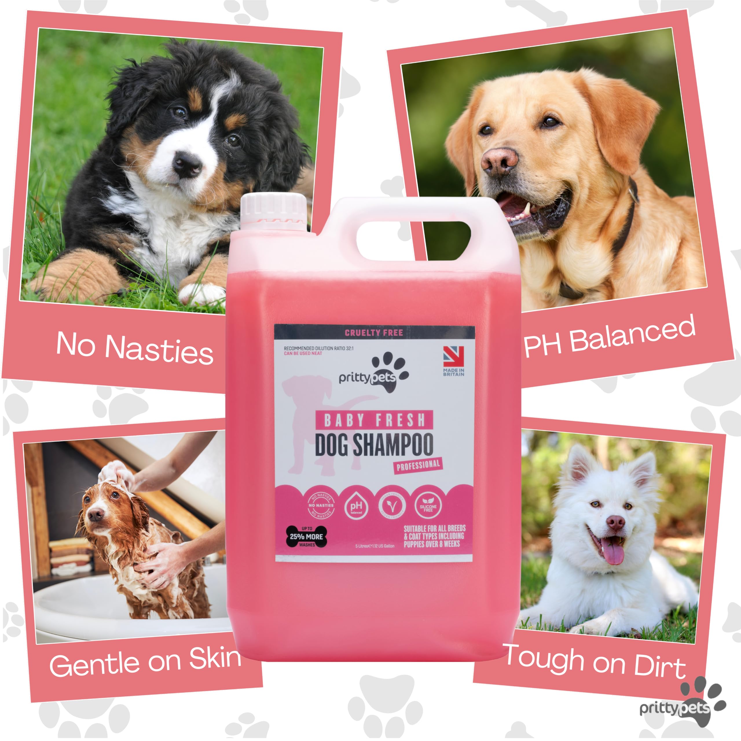 Babypuder-Shampoo für Hunde, 5 l, babyfrisches Hundeshampoo für stinkende Hunde, professionell, pH-ausgewogen, vegan und Welpenfreundlich, hergestellt in Großbritannien (5 Liter)