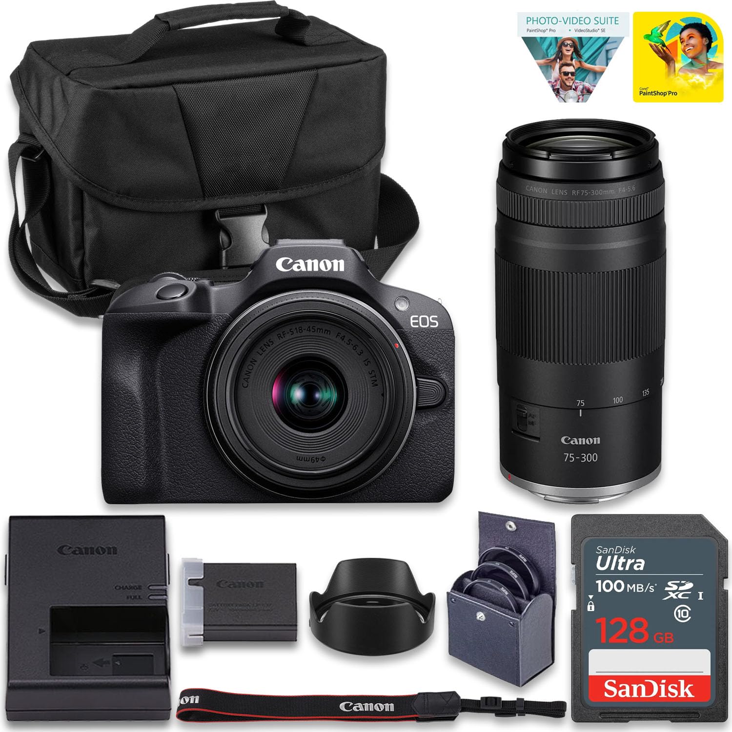 Canon EOS R100 Mirrorless Camera Double Lens Kit with RF-S 18-45mm and RF 75-300mm Lenses | Compact 24.2MP APS-C Camera with 4K Video, Dual Pixel Autofocus with Shoulder Bag and 128GB Card