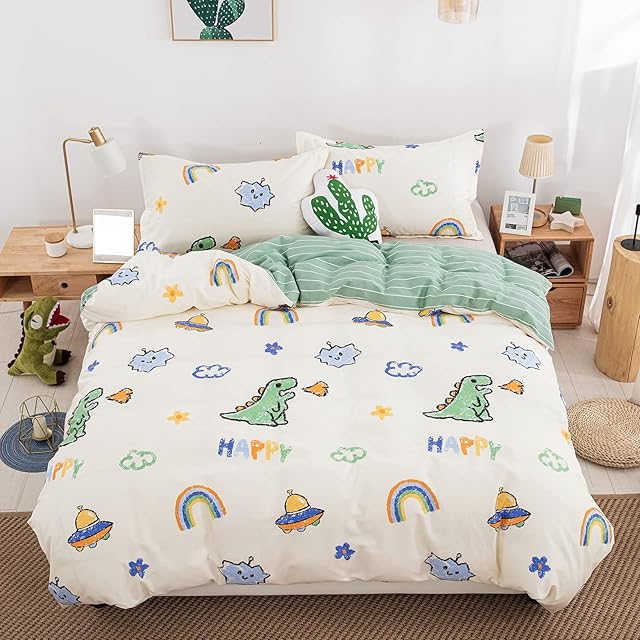 Toddler Duvet Cover and Pillowcase Kids Bedding Dinosaurs Cot Bedding Set Soft 100% Cotton Duvet Cover with Zipper Closure for Boys Girls(120x150cm)
